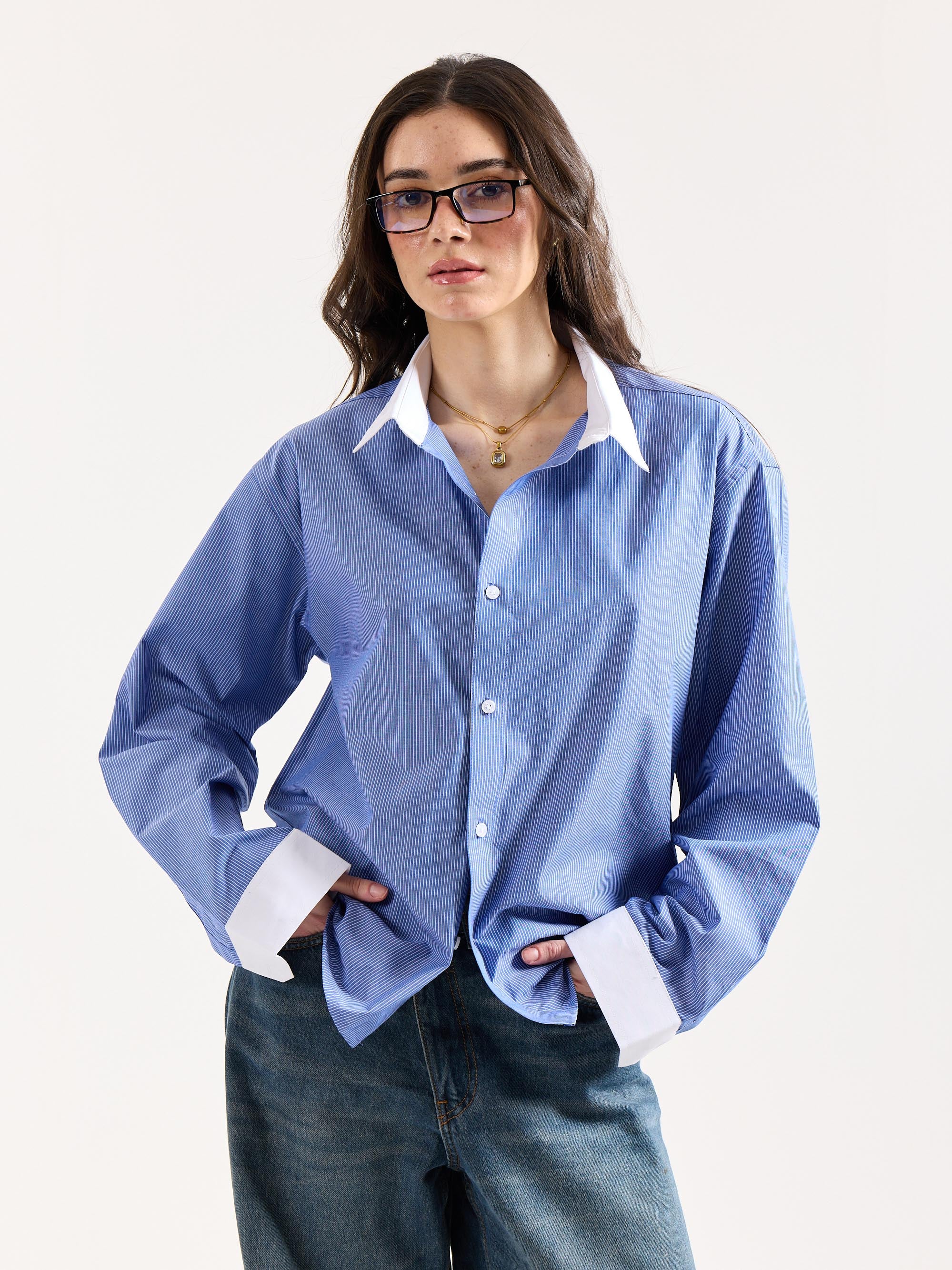 Blue Striped Contrast Collar Oversized Shirt - Image 4