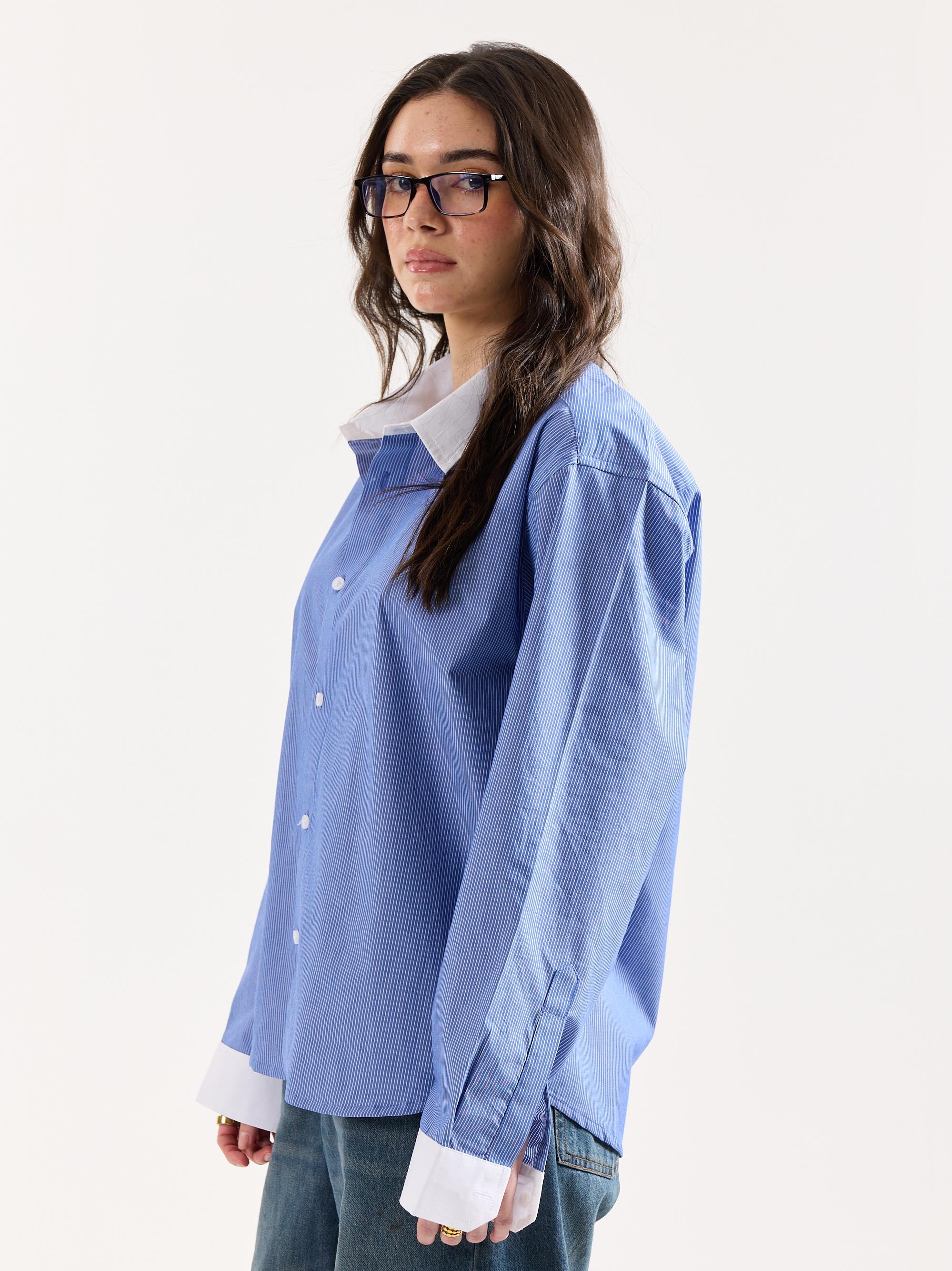 Blue Striped Contrast Collar Oversized Shirt - Image 7