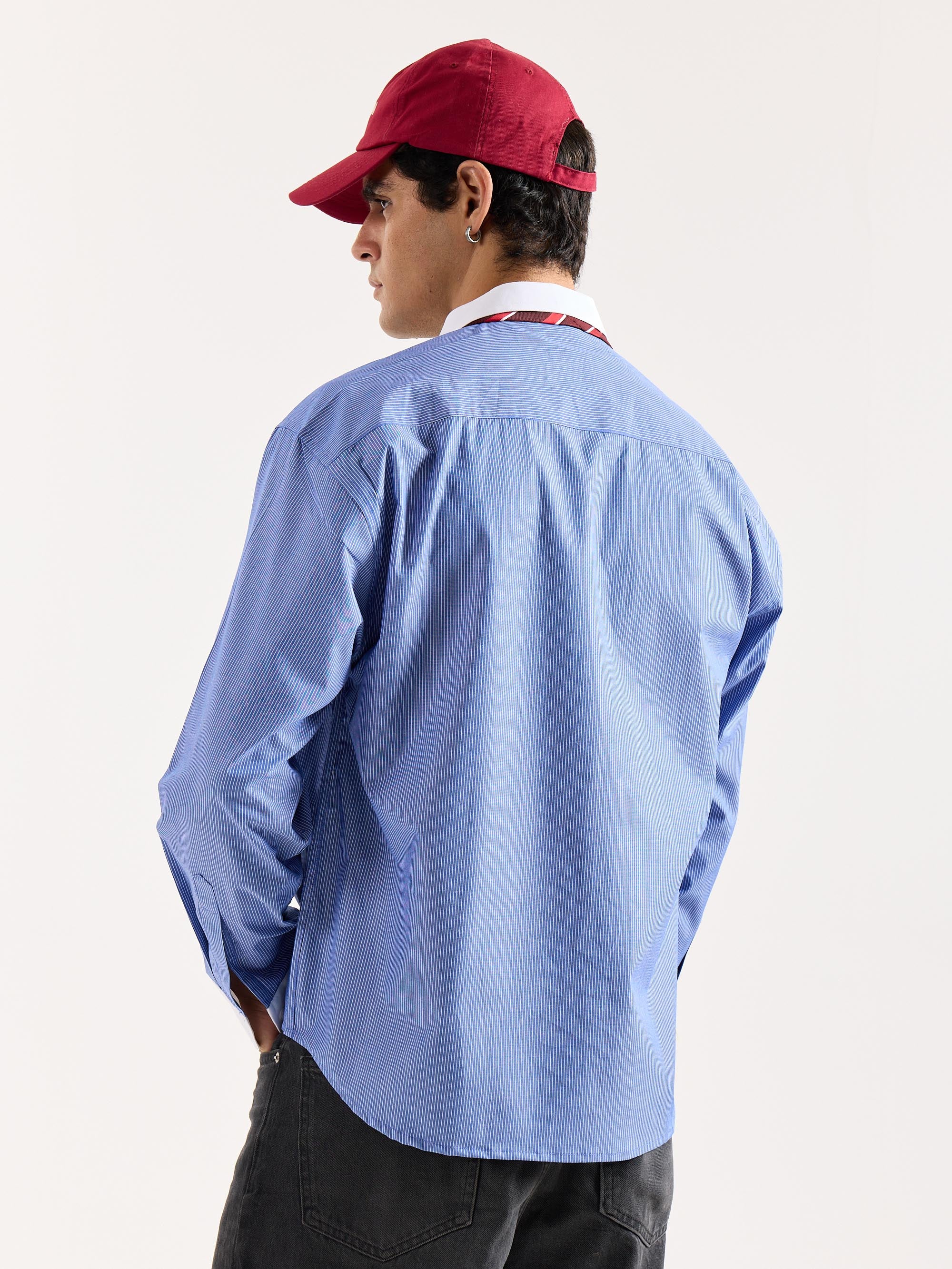 Blue Striped Contrast Collar Oversized Shirt - Image 8