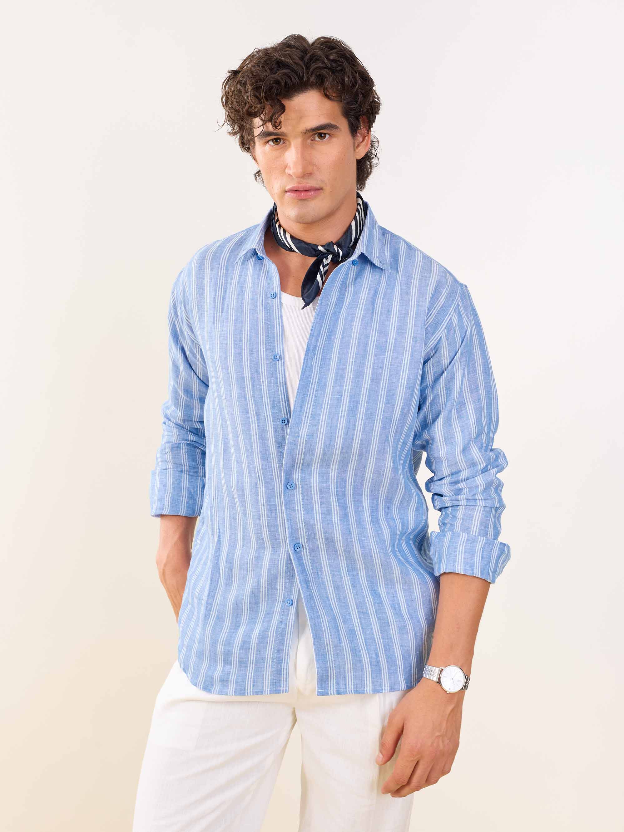 Blue Striped Irish Linen Shirt - Image 3