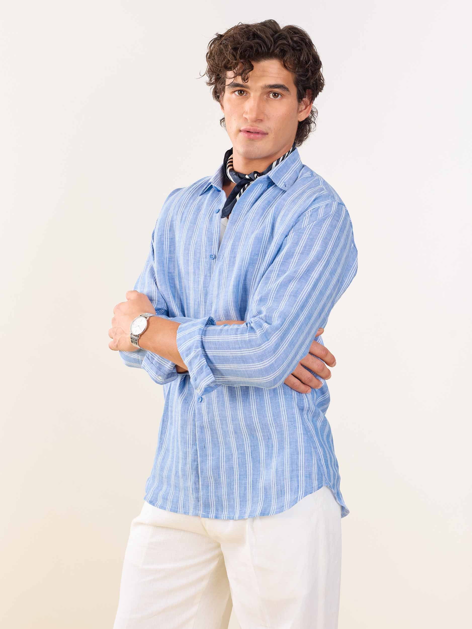 Blue Striped Irish Linen Shirt - Image 4