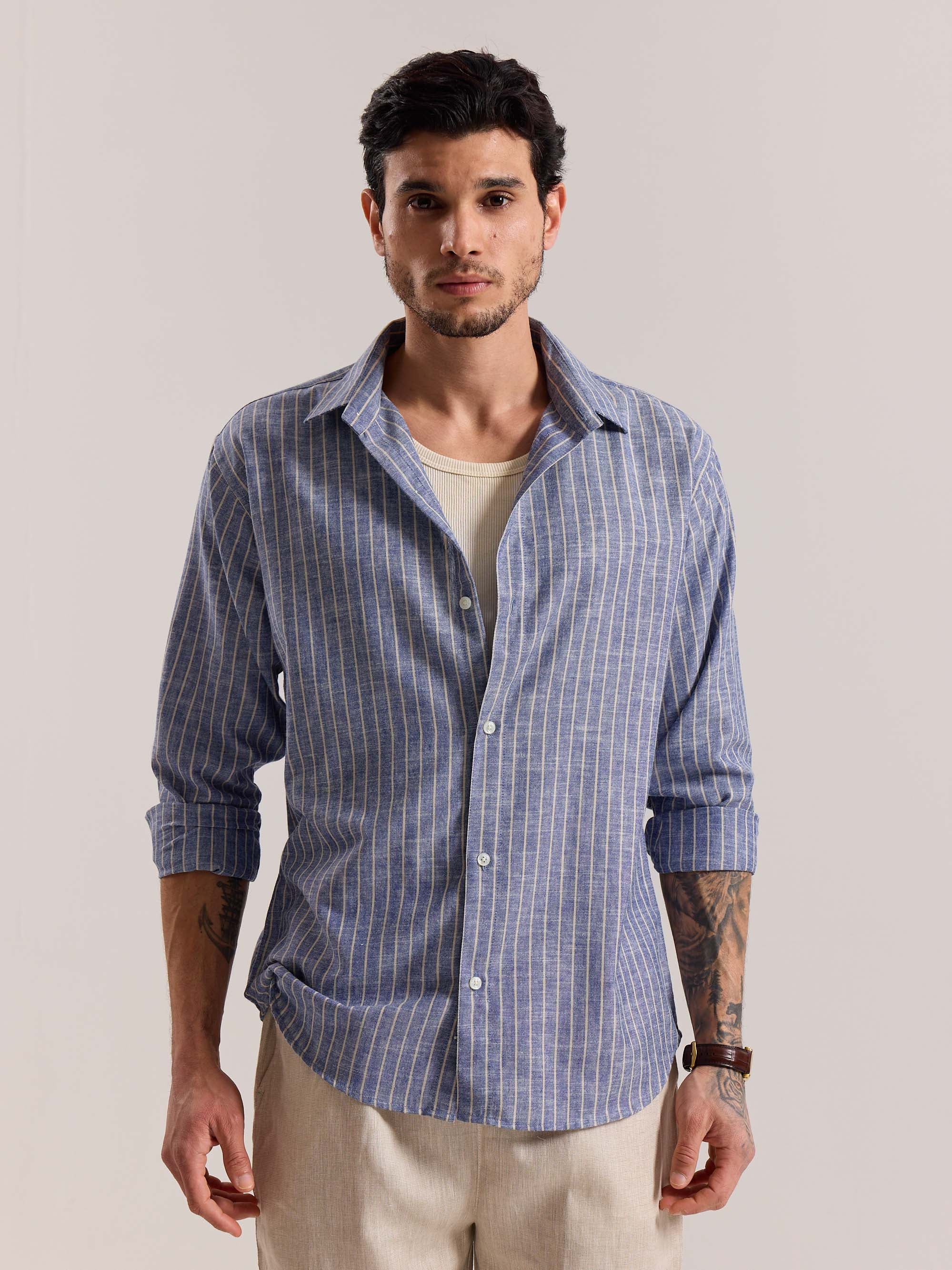 Blue Striped Linen-blend Shirt - Image 3