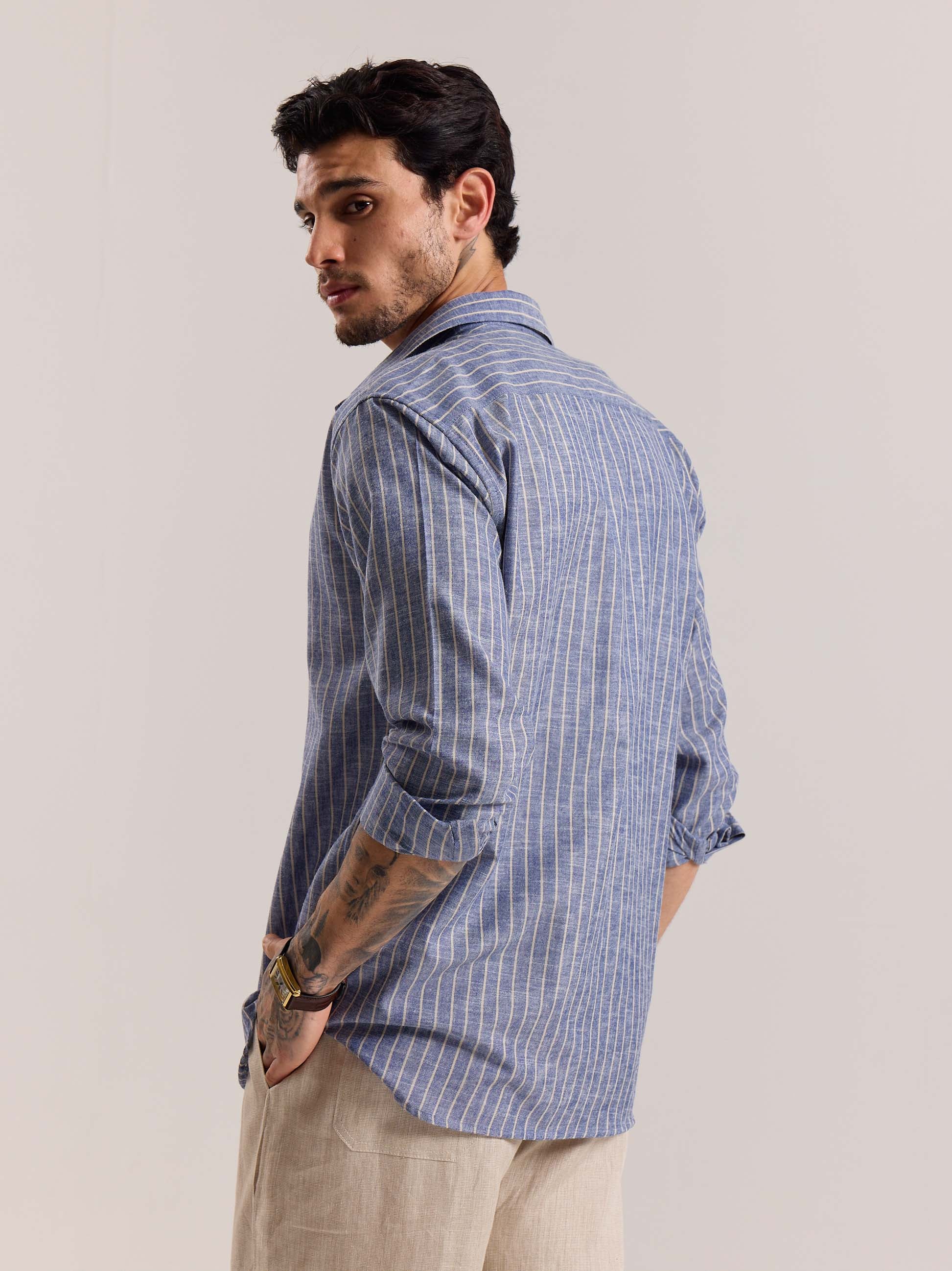 Blue Striped Linen-blend Shirt - Image 8