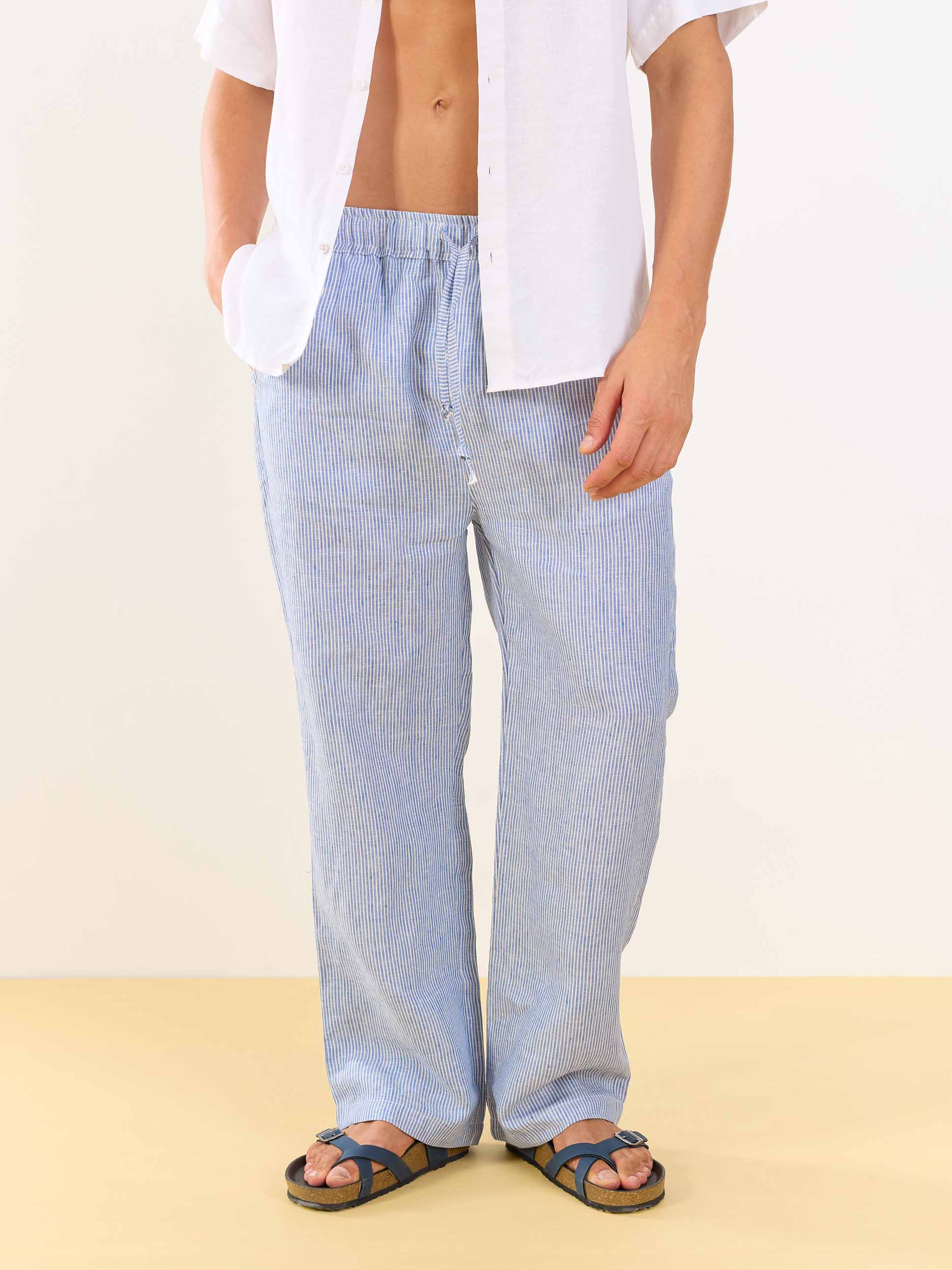 Blue Striped Linen Pull-on Pants - Image 2