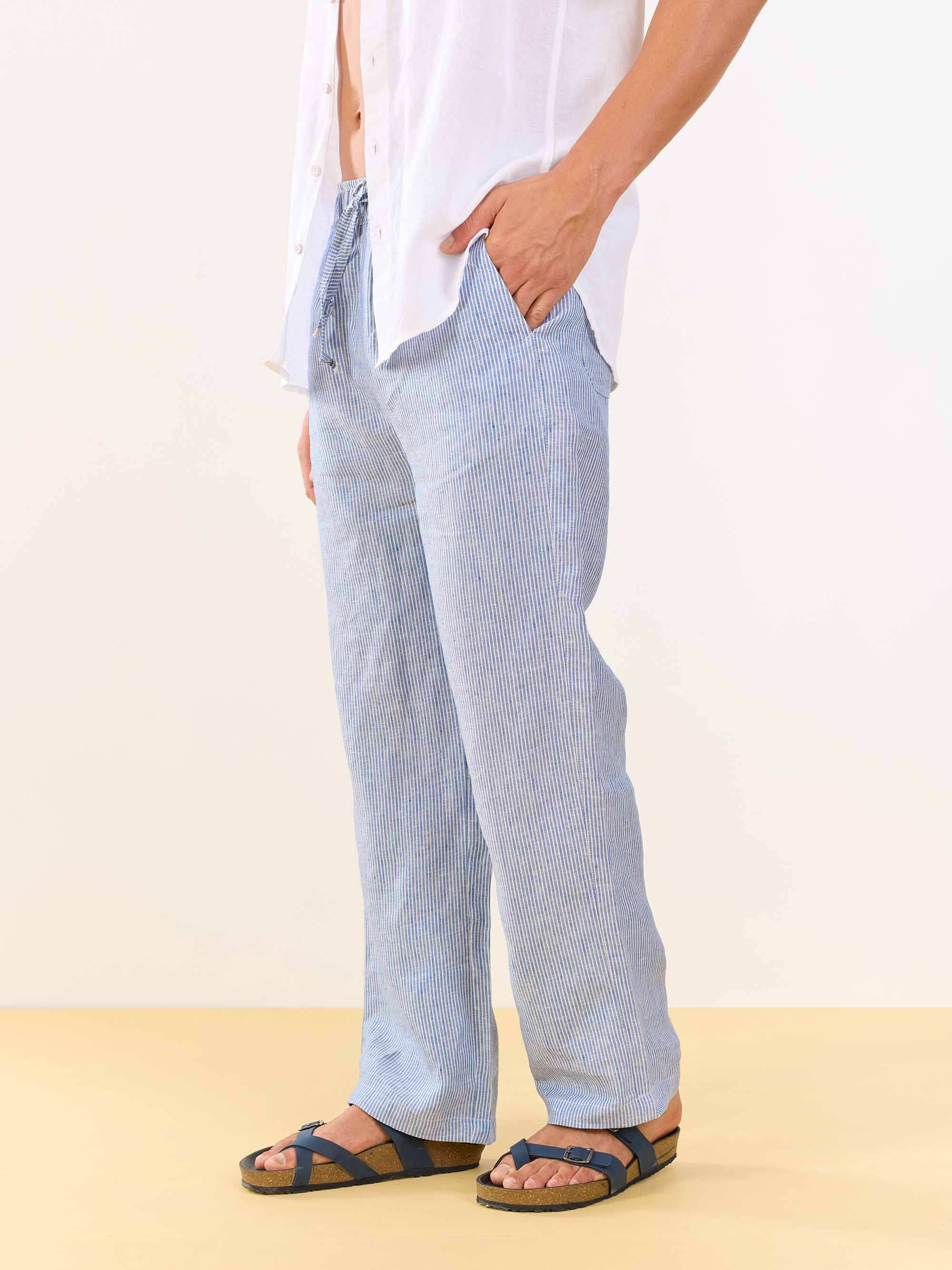 Blue Striped Linen Pull-on Pants - Image 4