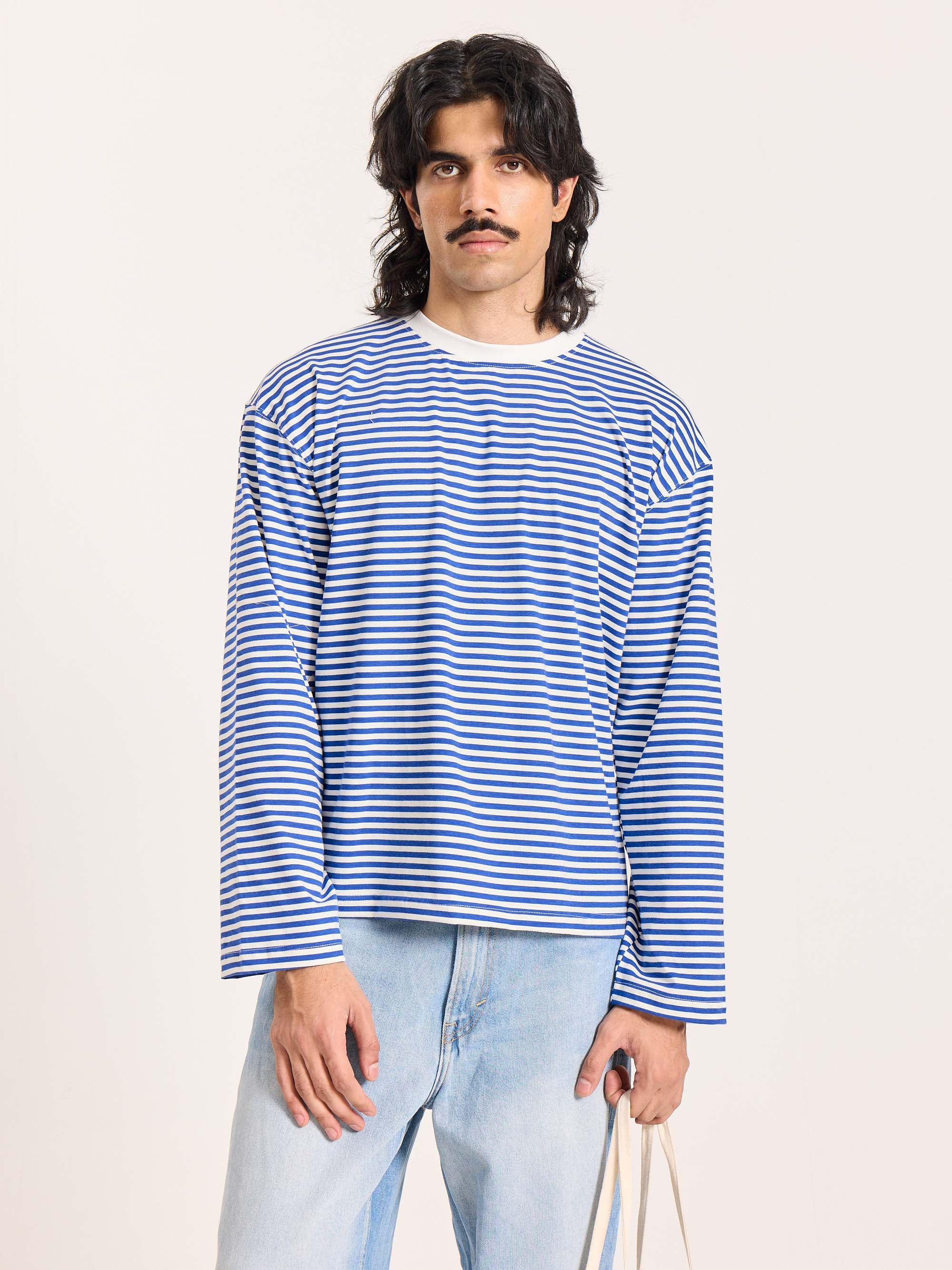 Blue Striped Loose Fit Cropped T-Shirt - Image 3