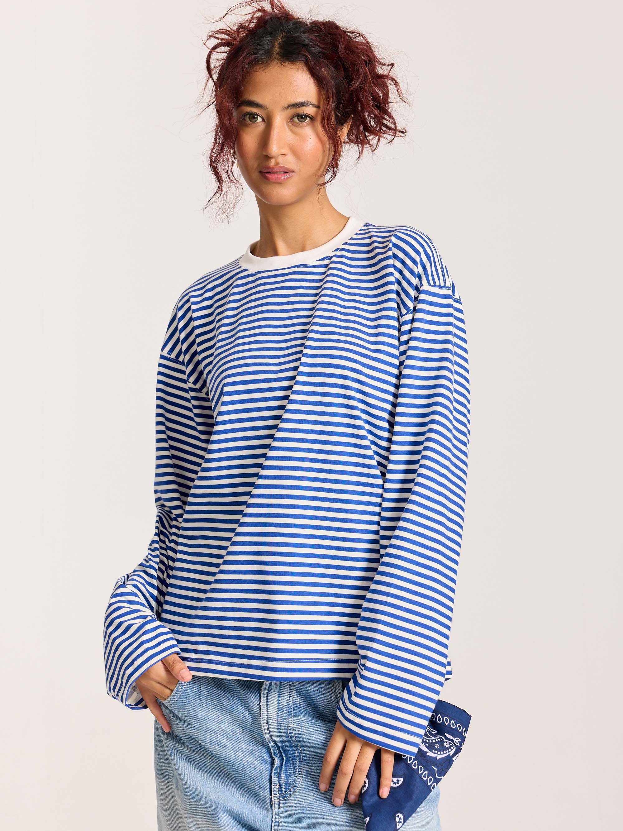 Blue Striped Loose Fit Cropped T-Shirt - Image 4
