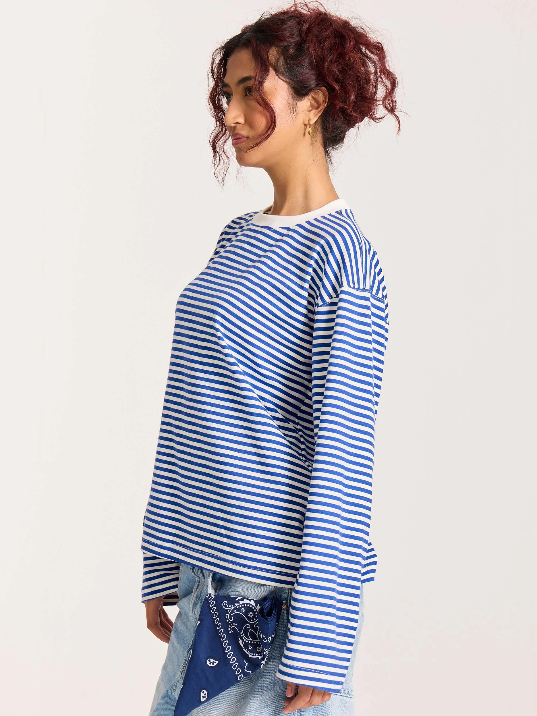 Blue Striped Loose Fit Cropped T-Shirt - Image 6