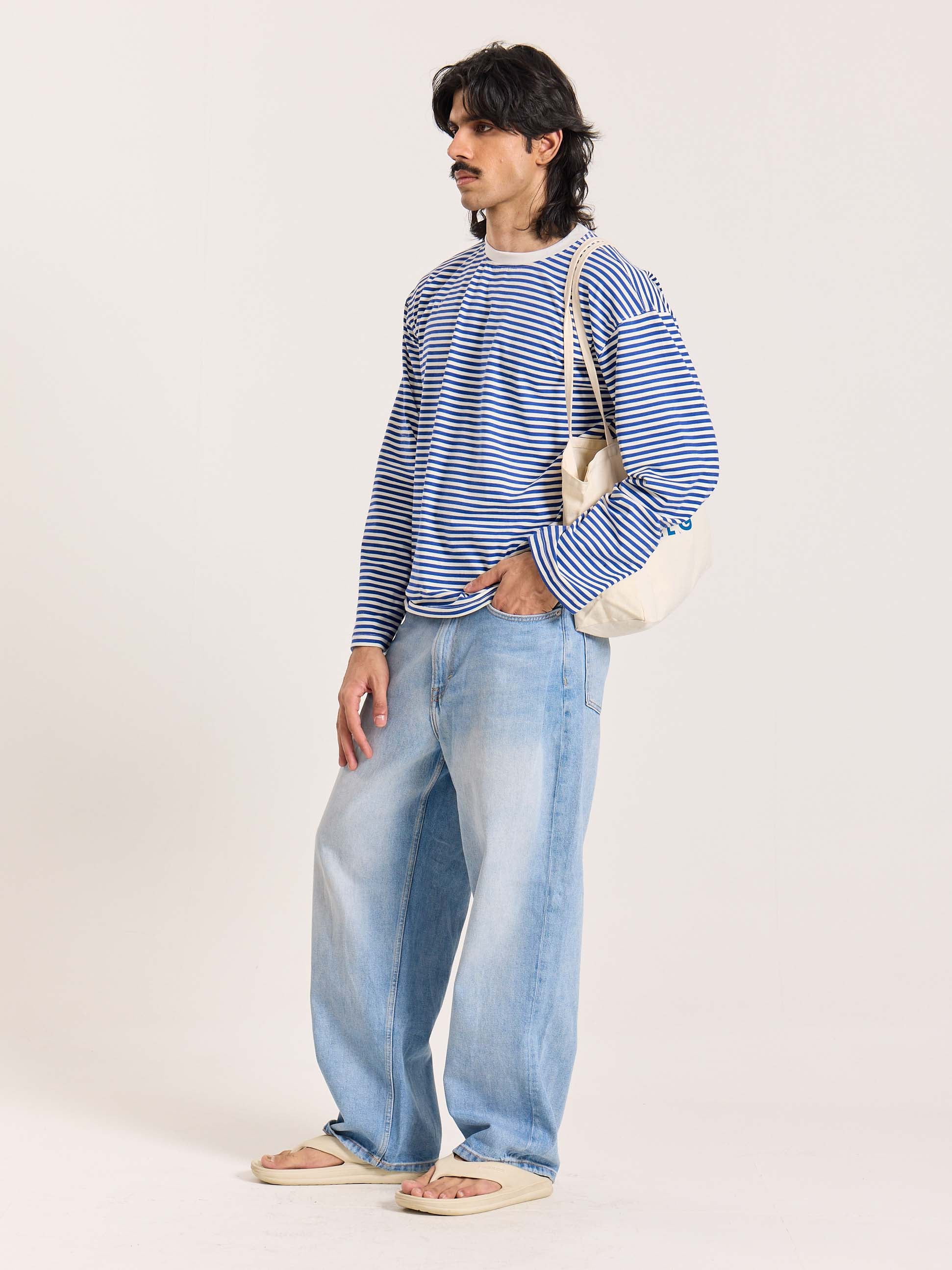 Blue Striped Loose Fit Cropped T-Shirt - Image 7
