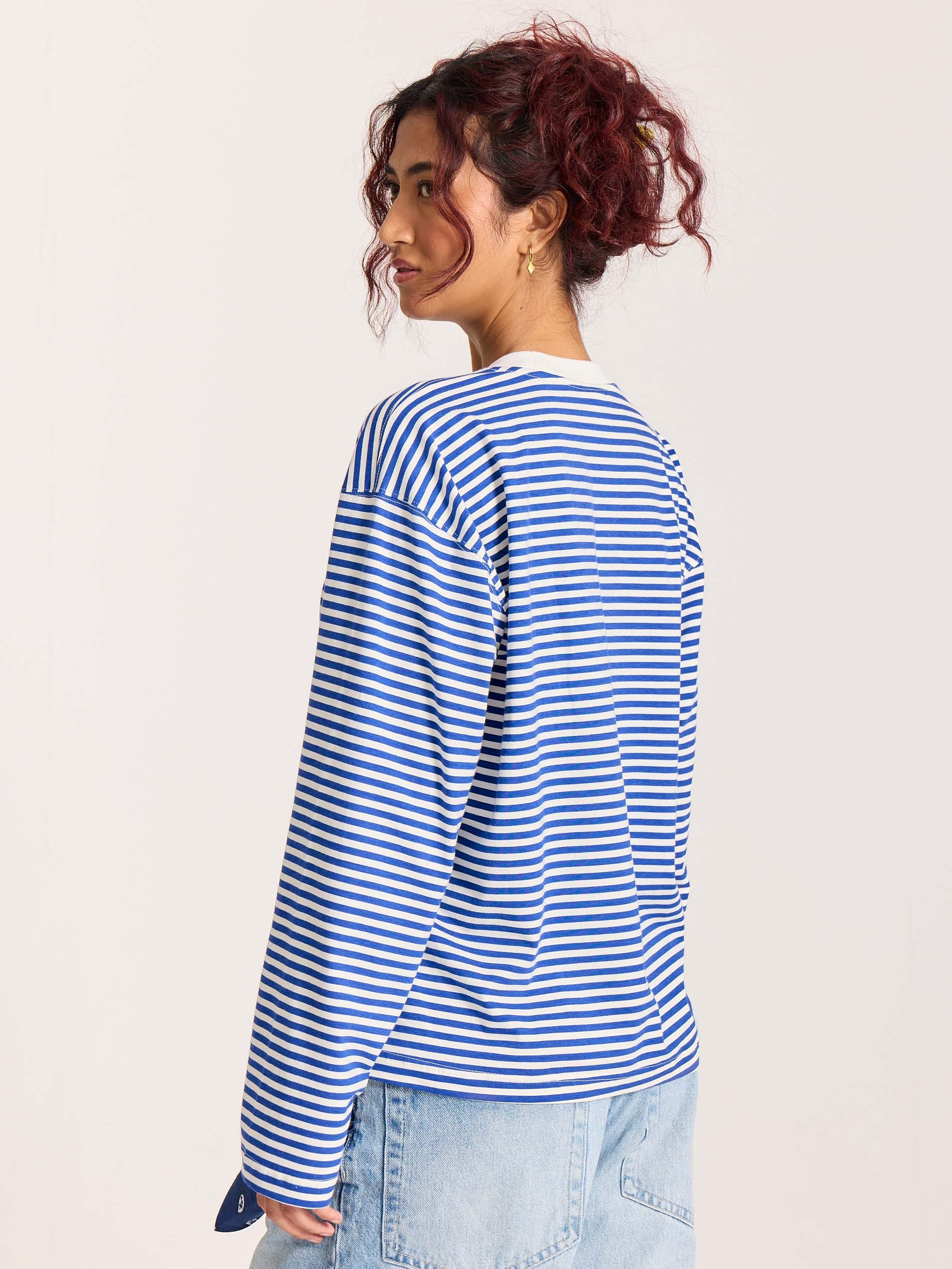 Blue Striped Loose Fit Cropped T-Shirt - Image 8