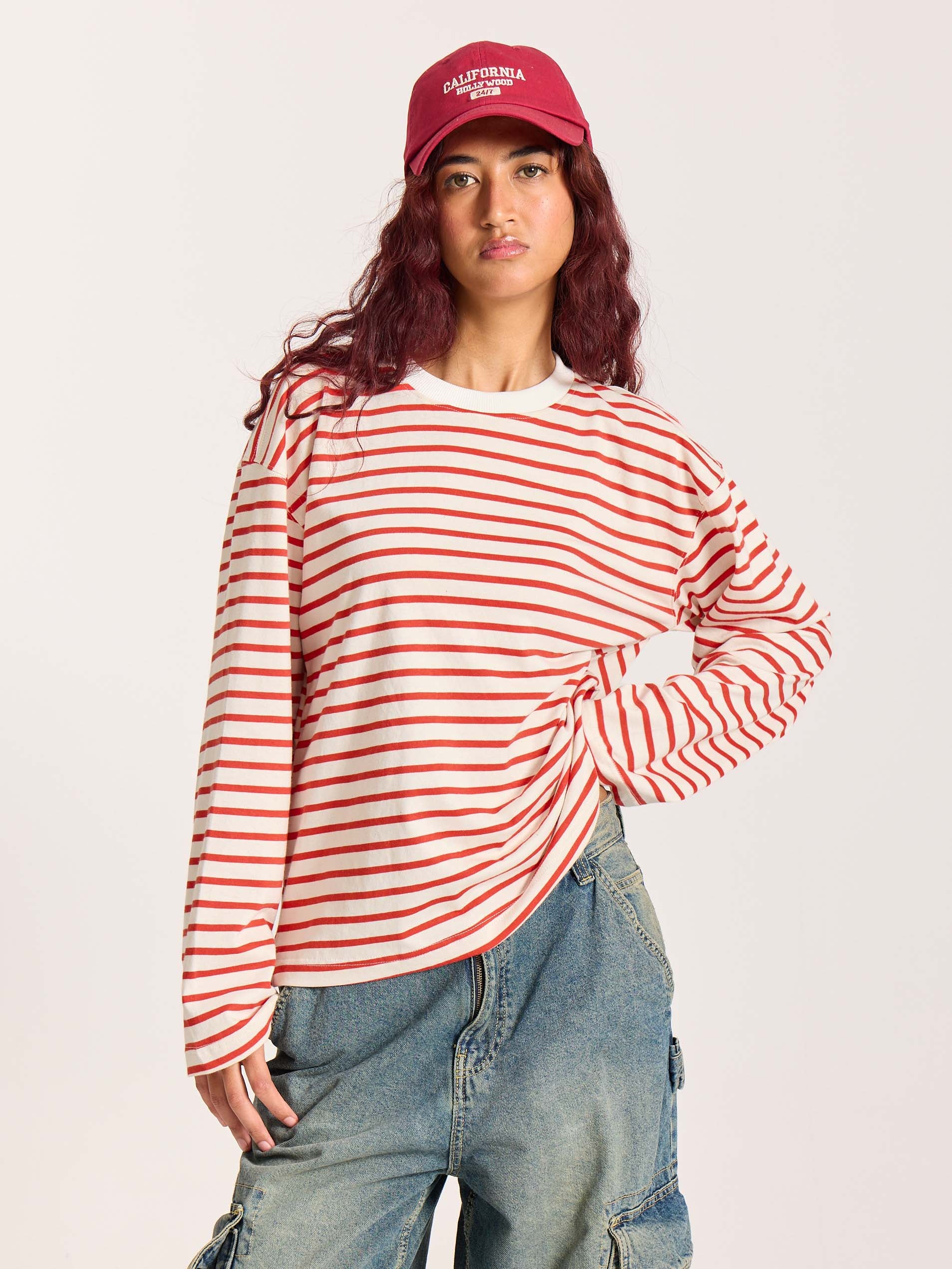 Red Striped Loose Fit Cropped T-Shirt - Image 4