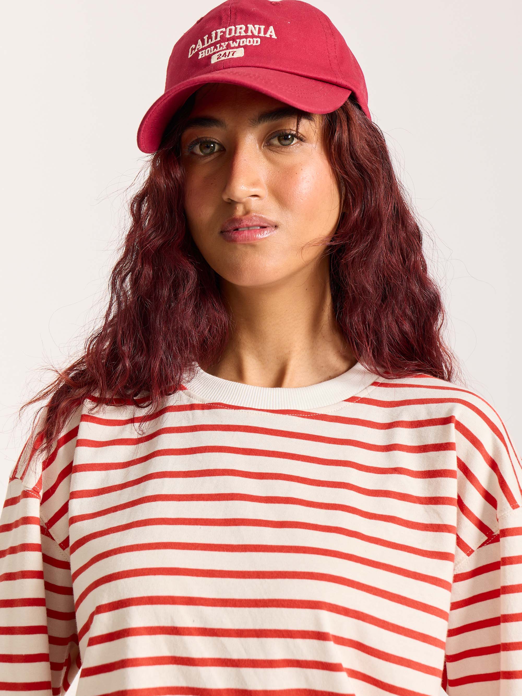 Red Striped Loose Fit Cropped T-Shirt - Image 5