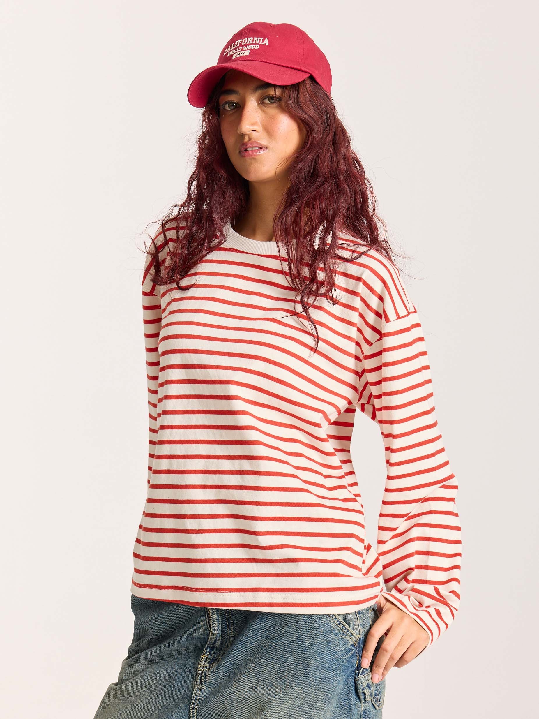 Red Striped Loose Fit Cropped T-Shirt - Image 7