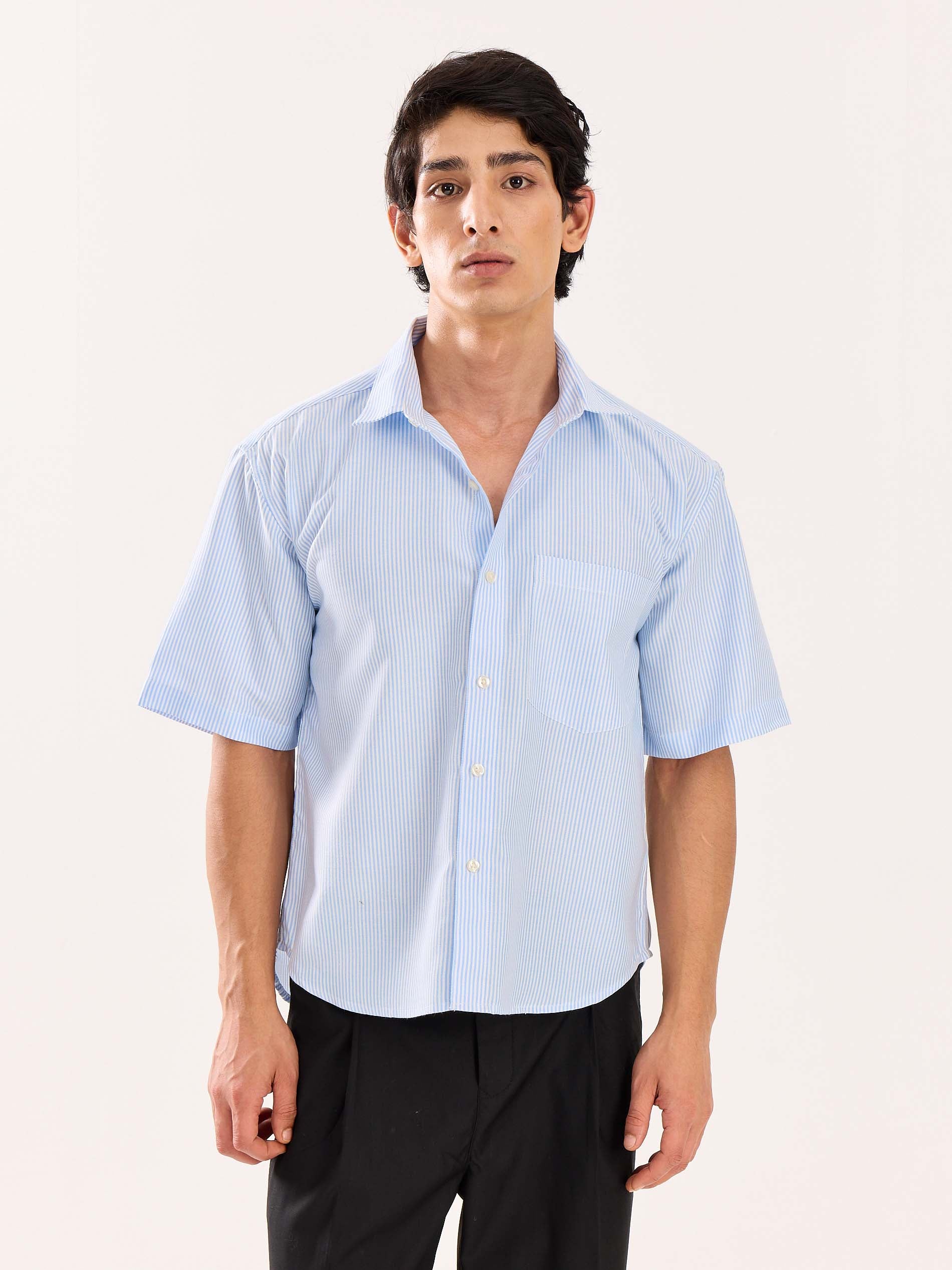 Blue Striped Oversized Cropped Shirt - Image 3