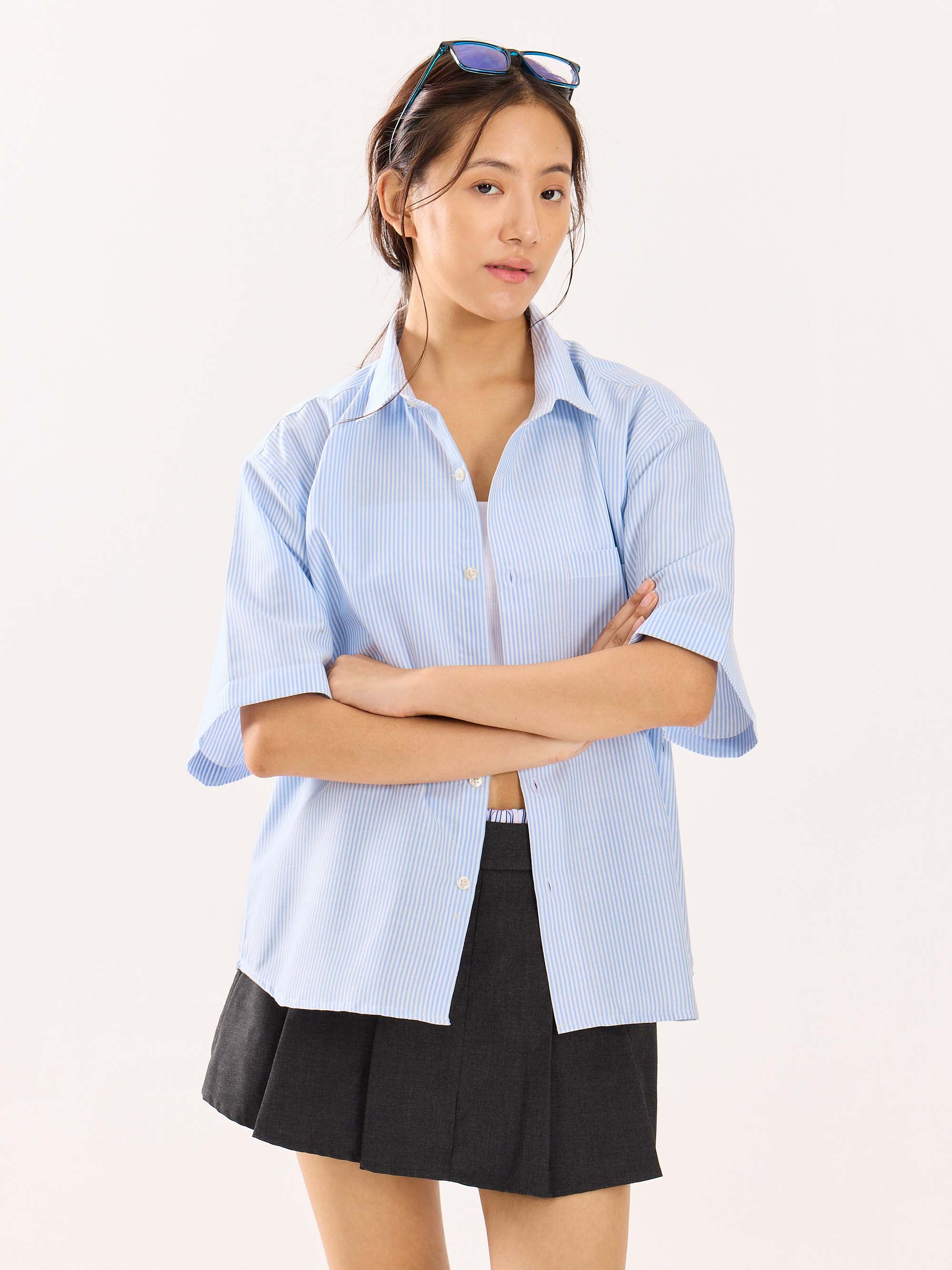 Blue Striped Oversized Cropped Shirt - Image 6