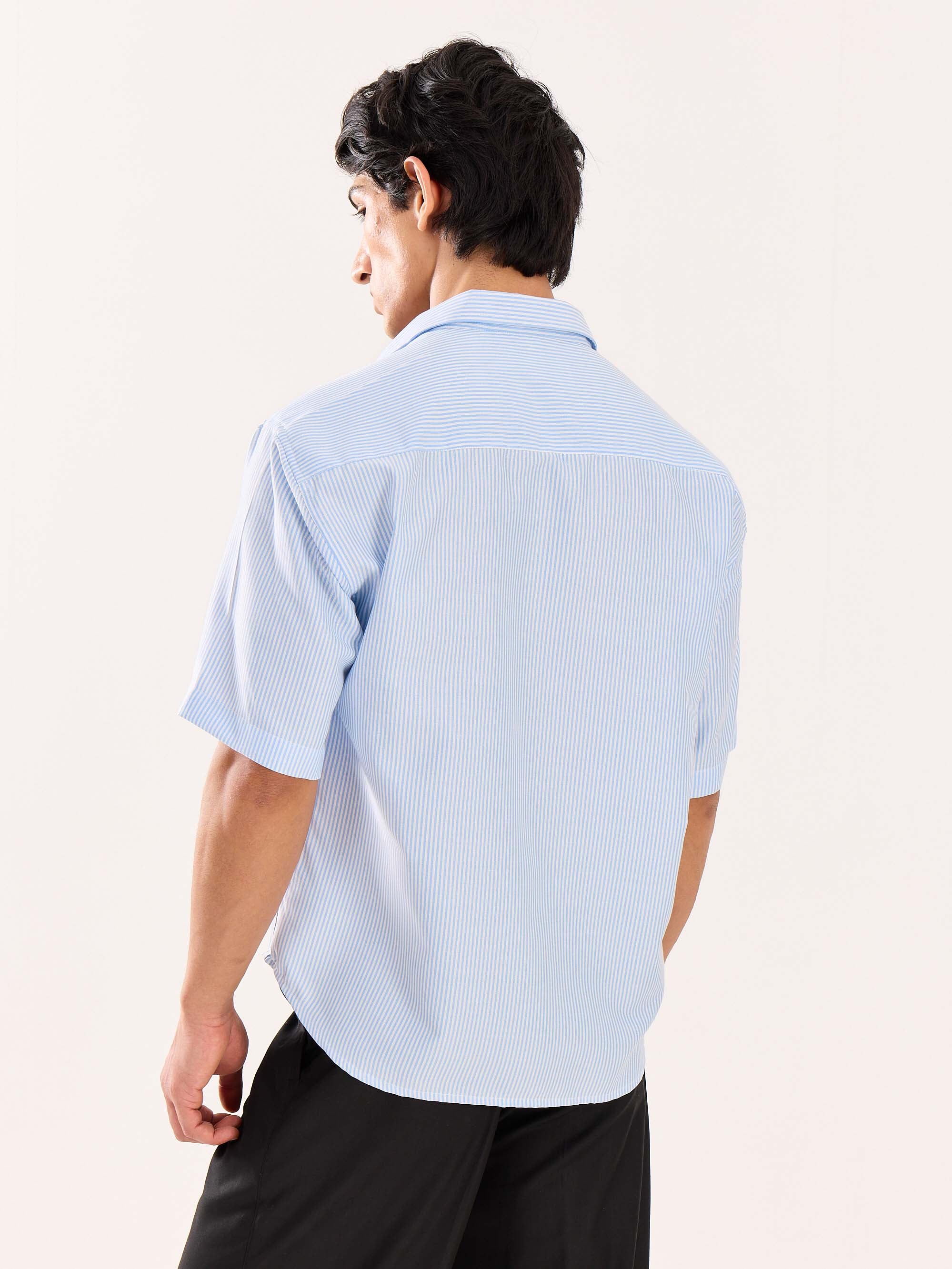Blue Striped Oversized Cropped Shirt - Image 8