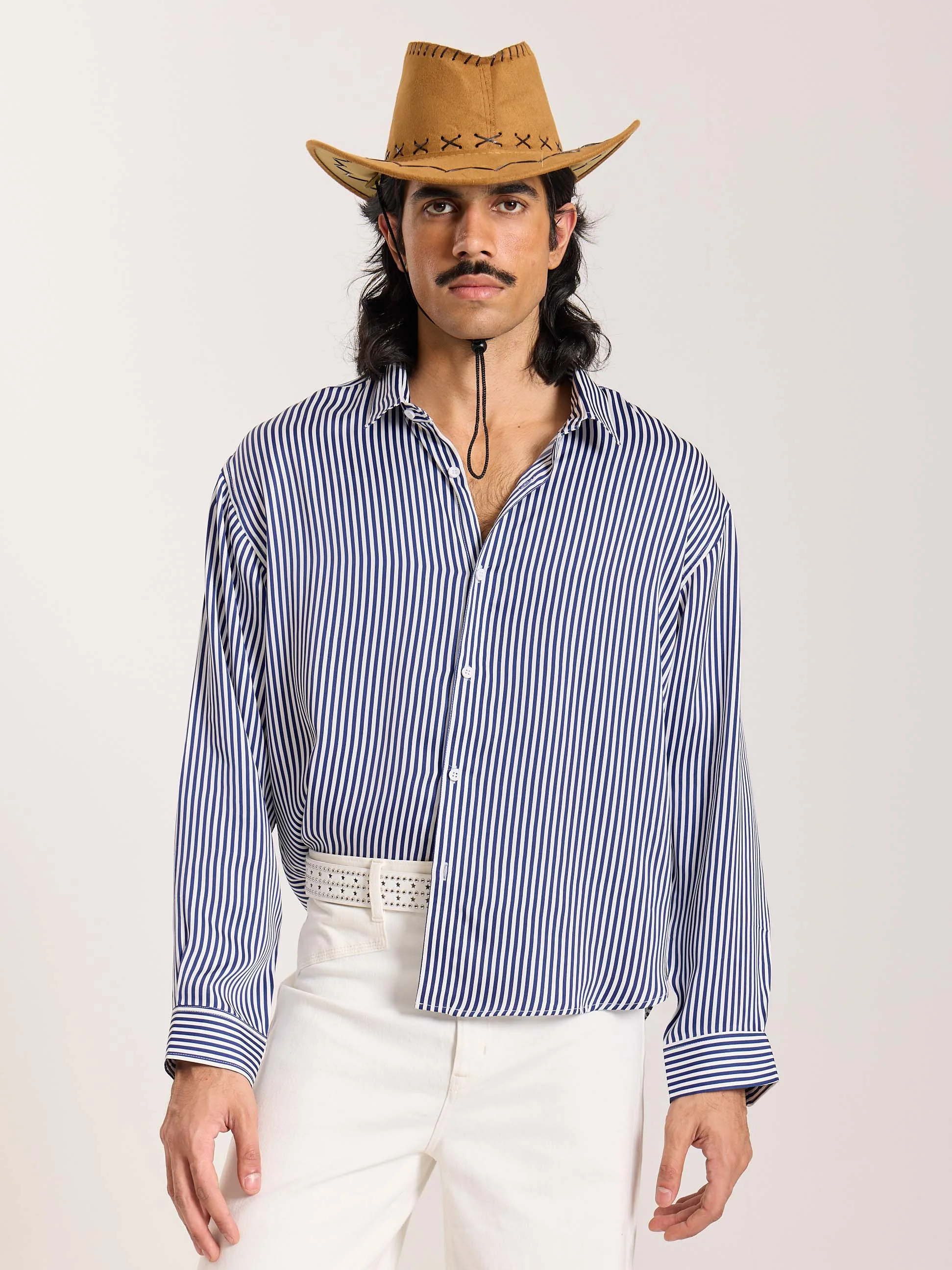 Blue Striped Satin Cropped Shirt - Image 3