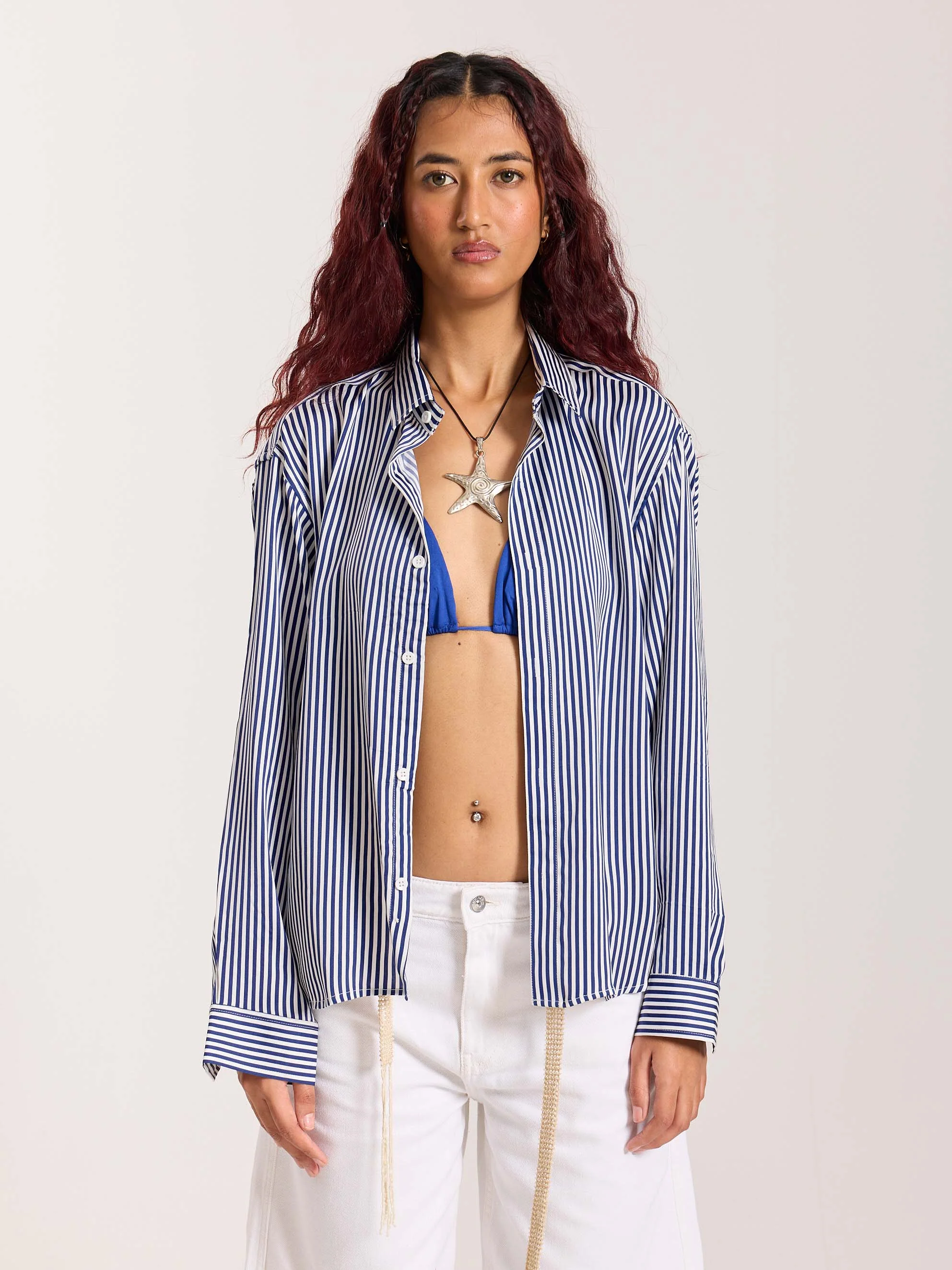 Blue Striped Satin Cropped Shirt - Image 4