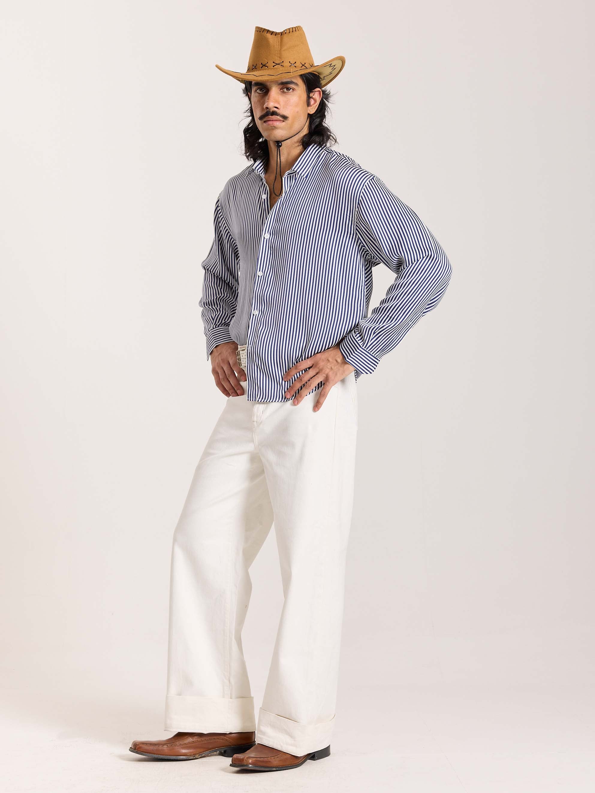 Blue Striped Satin Cropped Shirt - Image 6