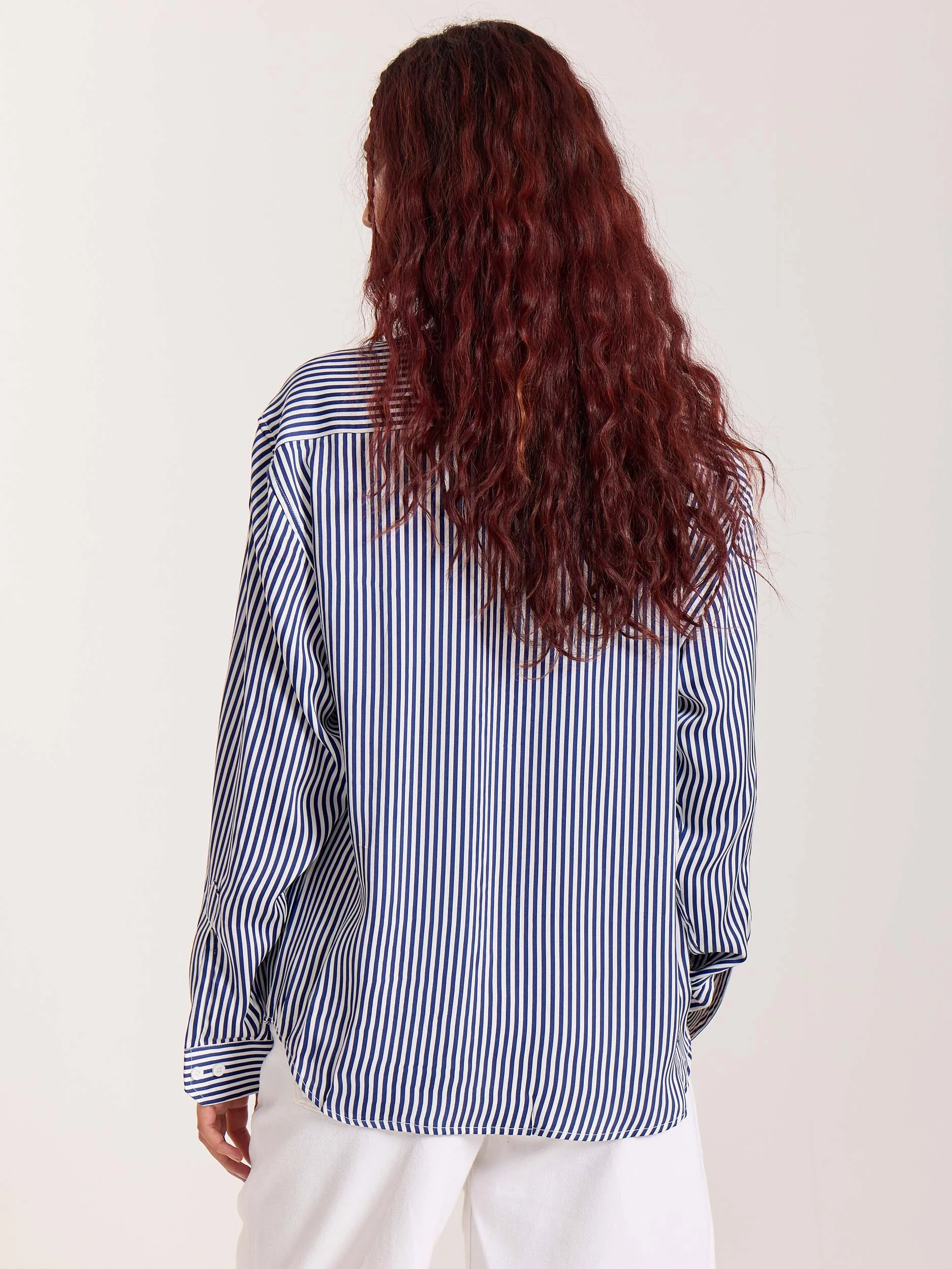 Blue Striped Satin Cropped Shirt - Image 8
