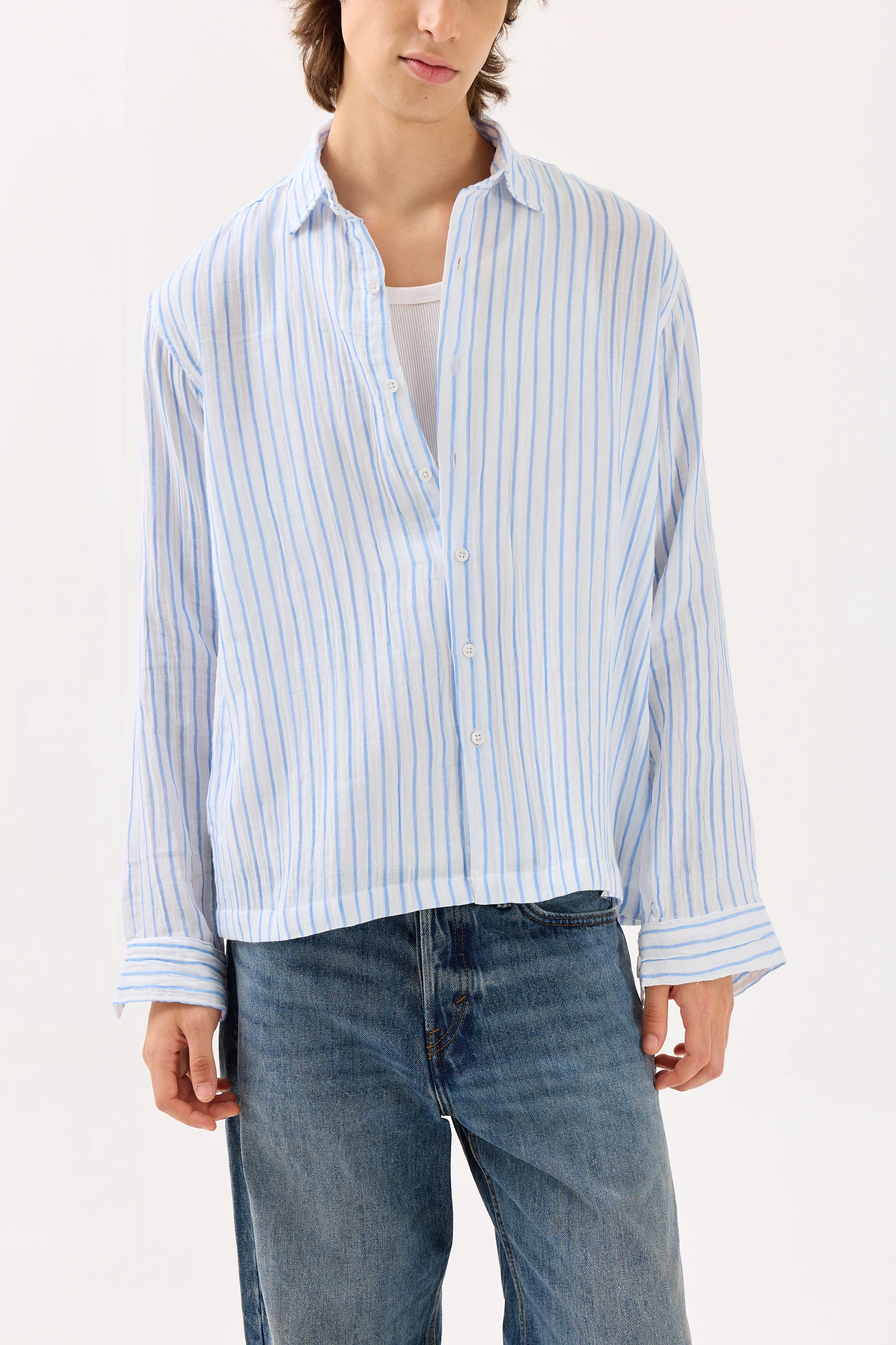Blue & White Striped Gauze Holiday Shirt - Image 3