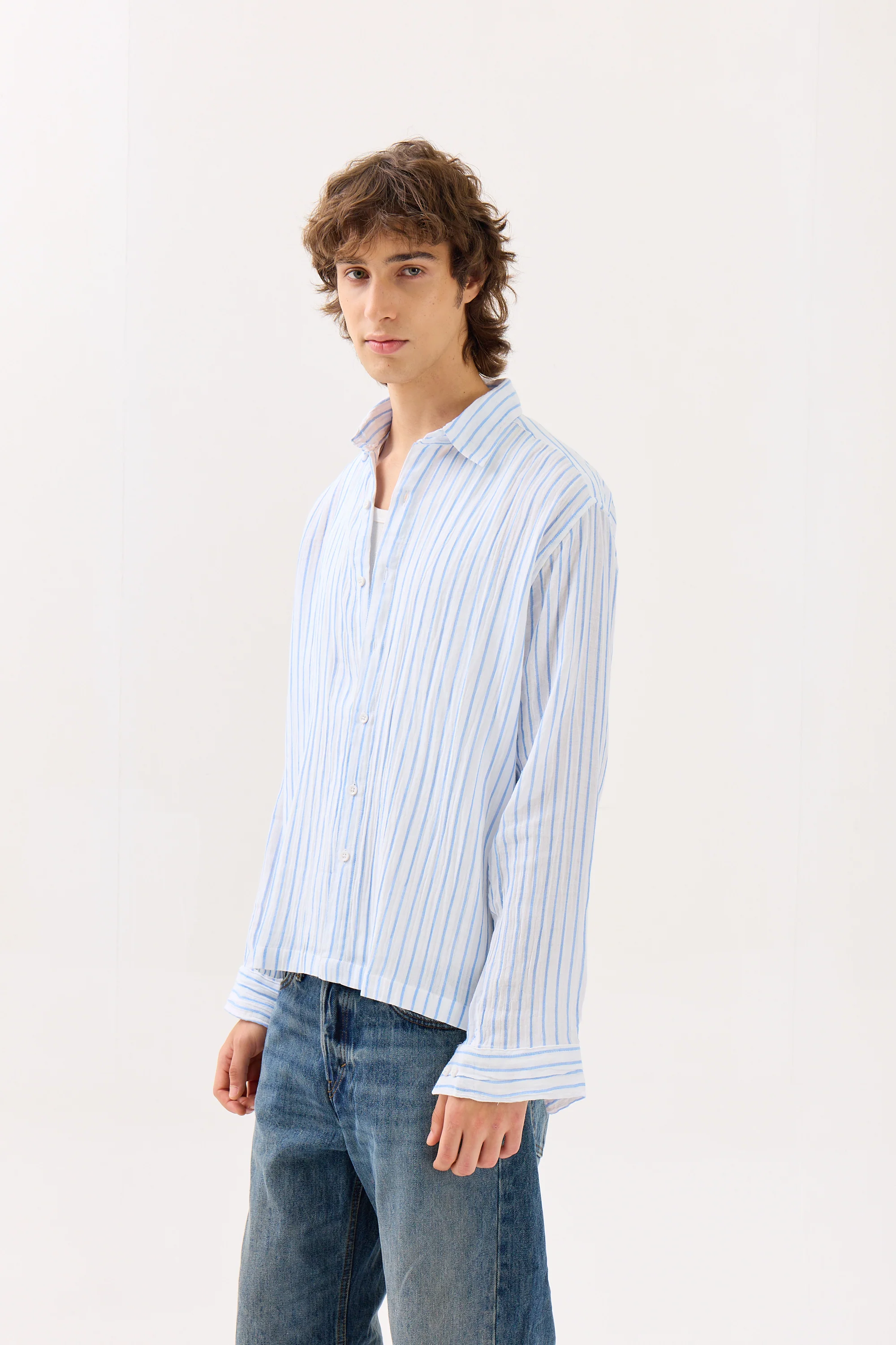 Blue & White Striped Gauze Holiday Shirt - Image 5
