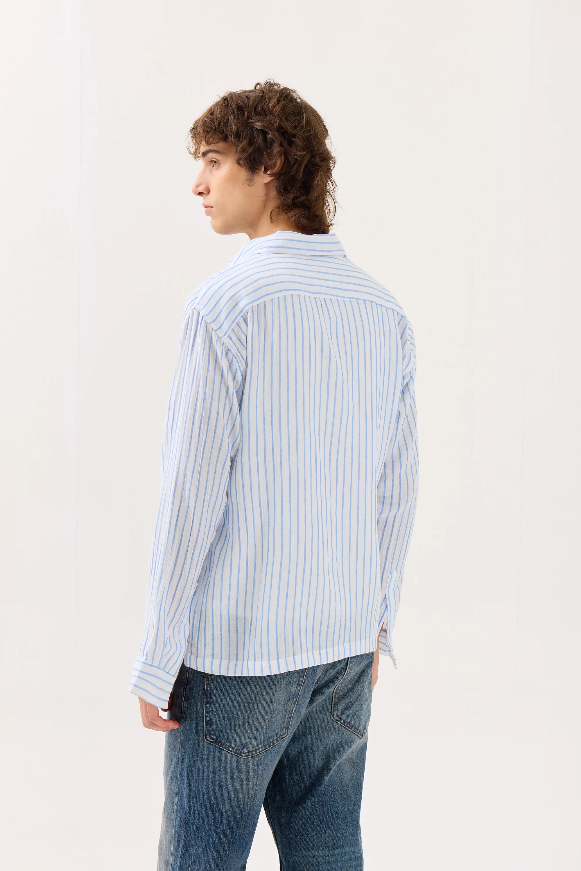 Blue & White Striped Gauze Holiday Shirt - Image 6