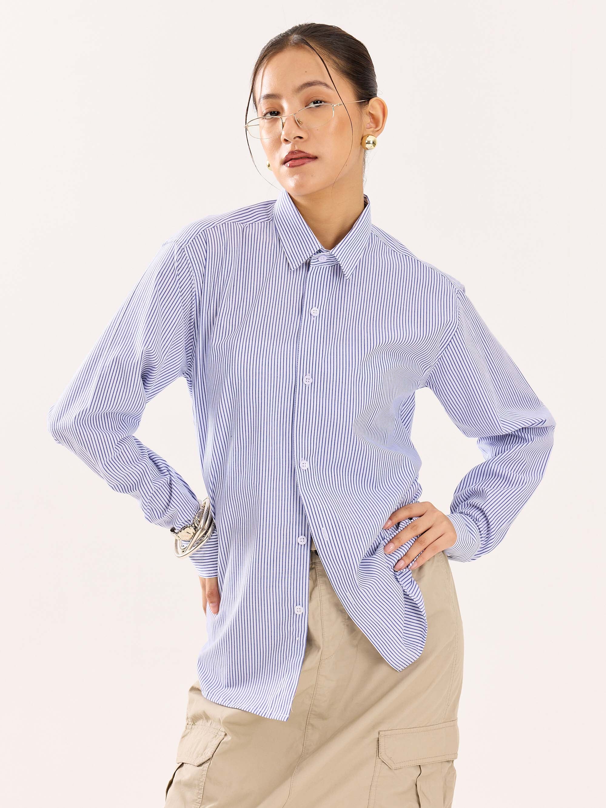 Blue & White Striped Poplin Shirt - Image 4
