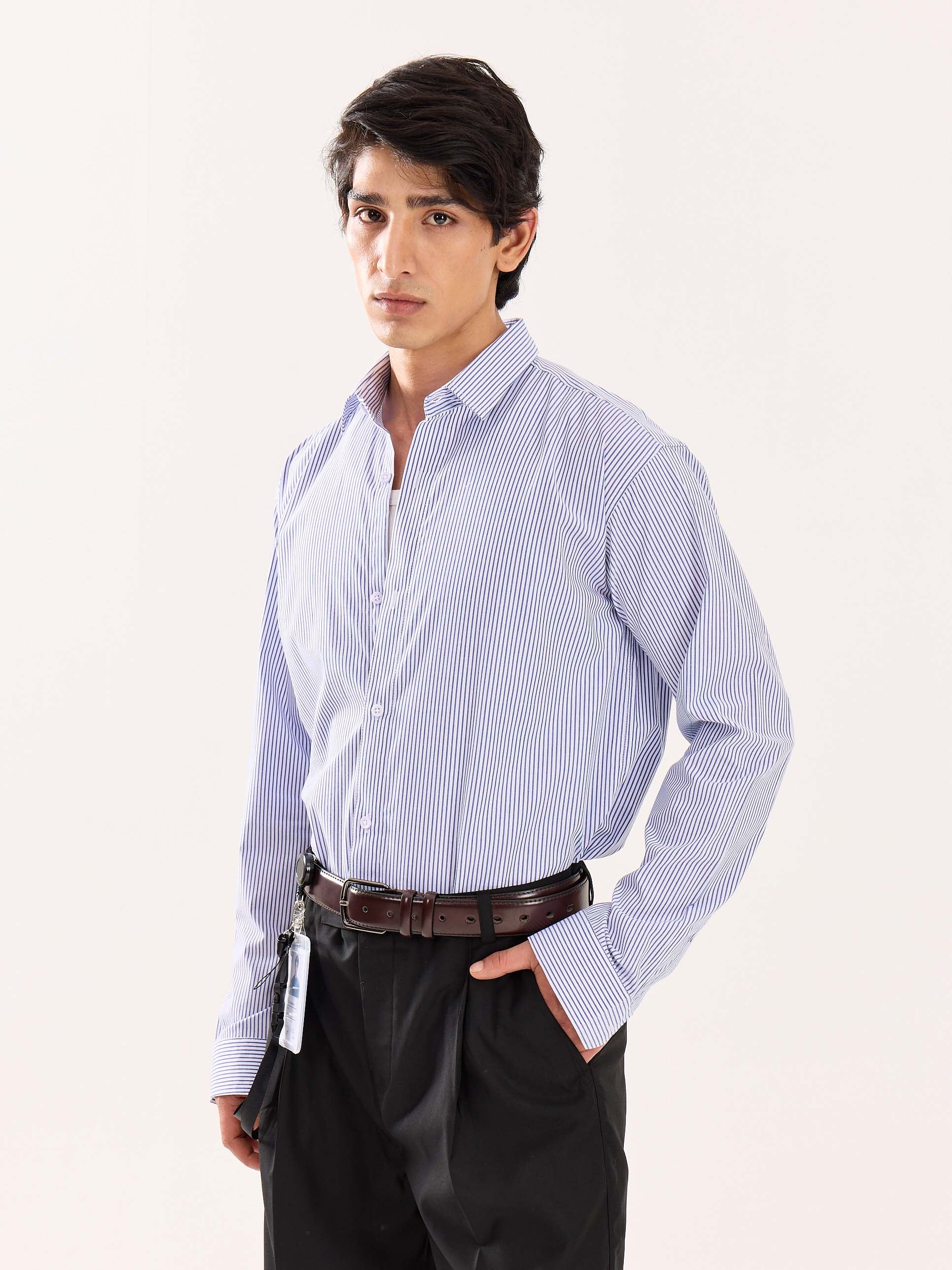 Blue & White Striped Poplin Shirt - Image 7