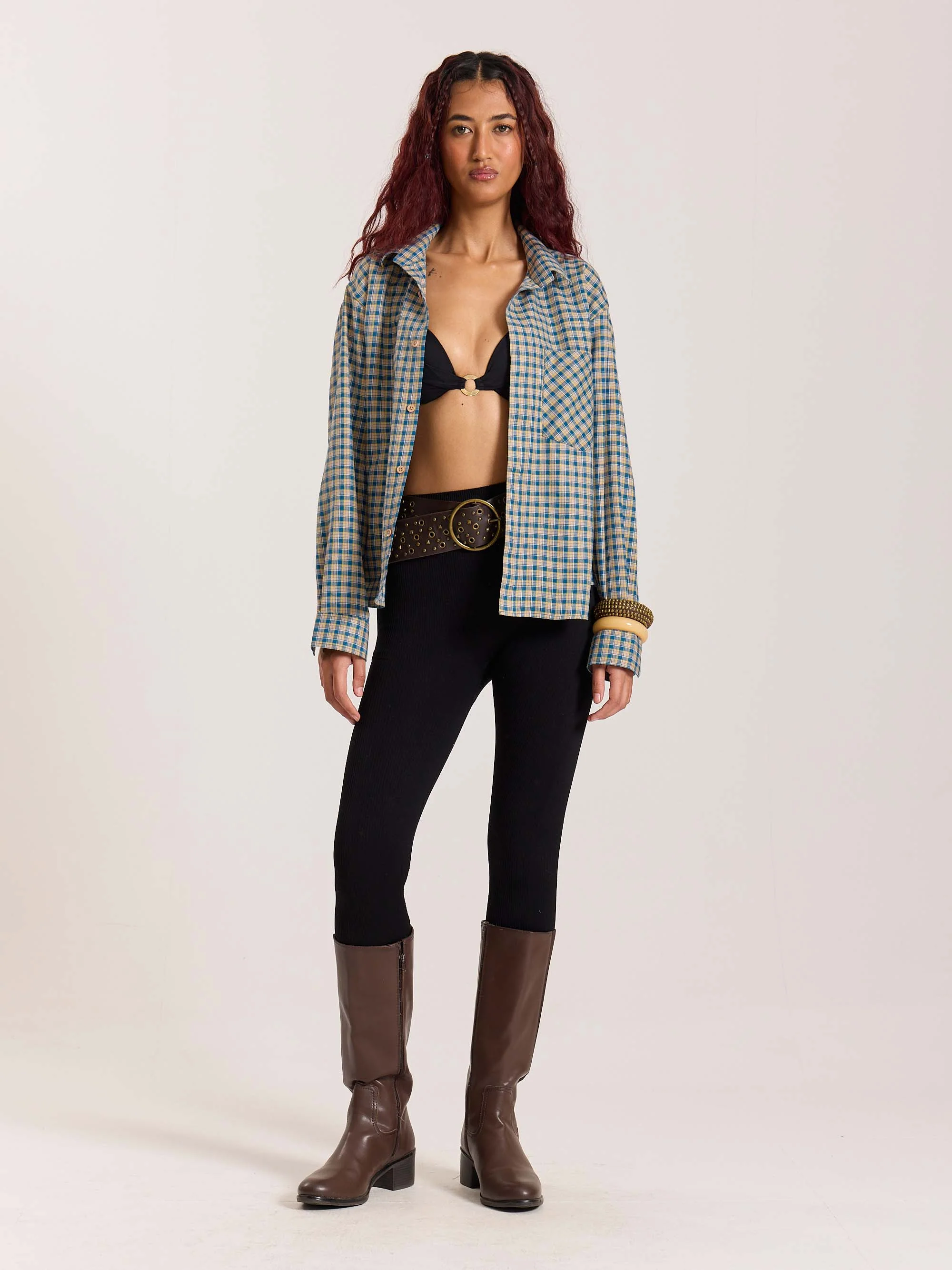 Blue & Yellow Checkered Oversized Cropped Shirt - Image 2