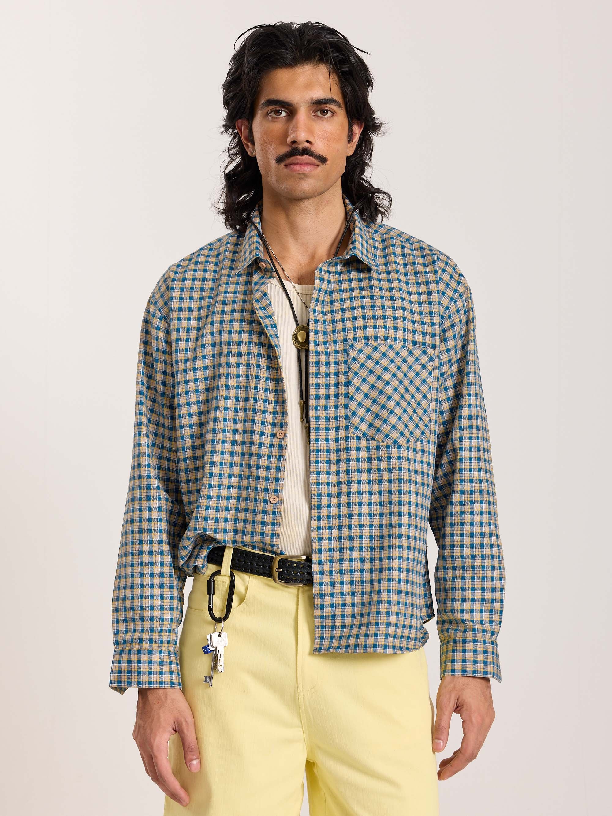 Blue & Yellow Checkered Oversized Cropped Shirt - Image 3