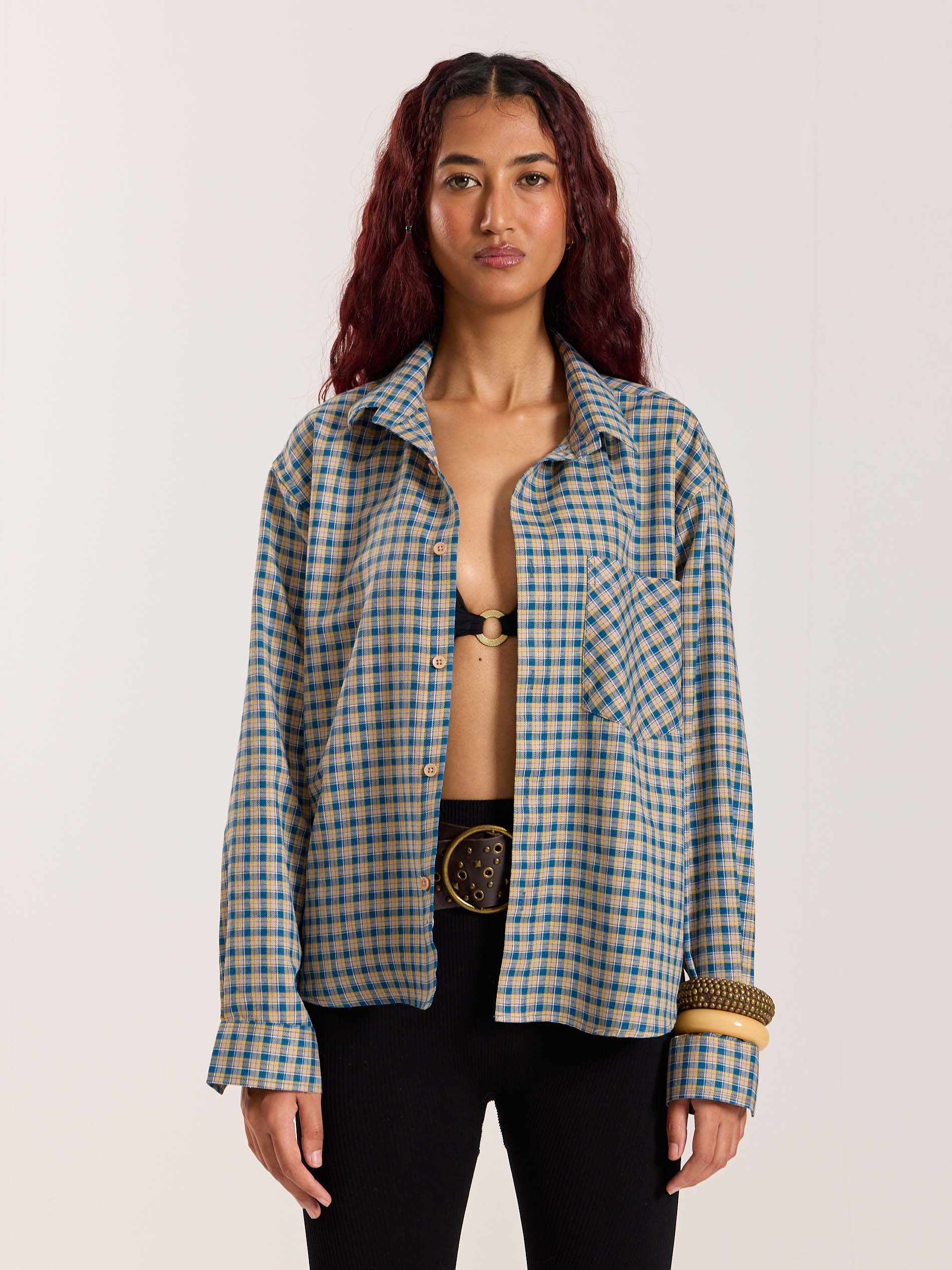 Blue & Yellow Checkered Oversized Cropped Shirt - Image 4