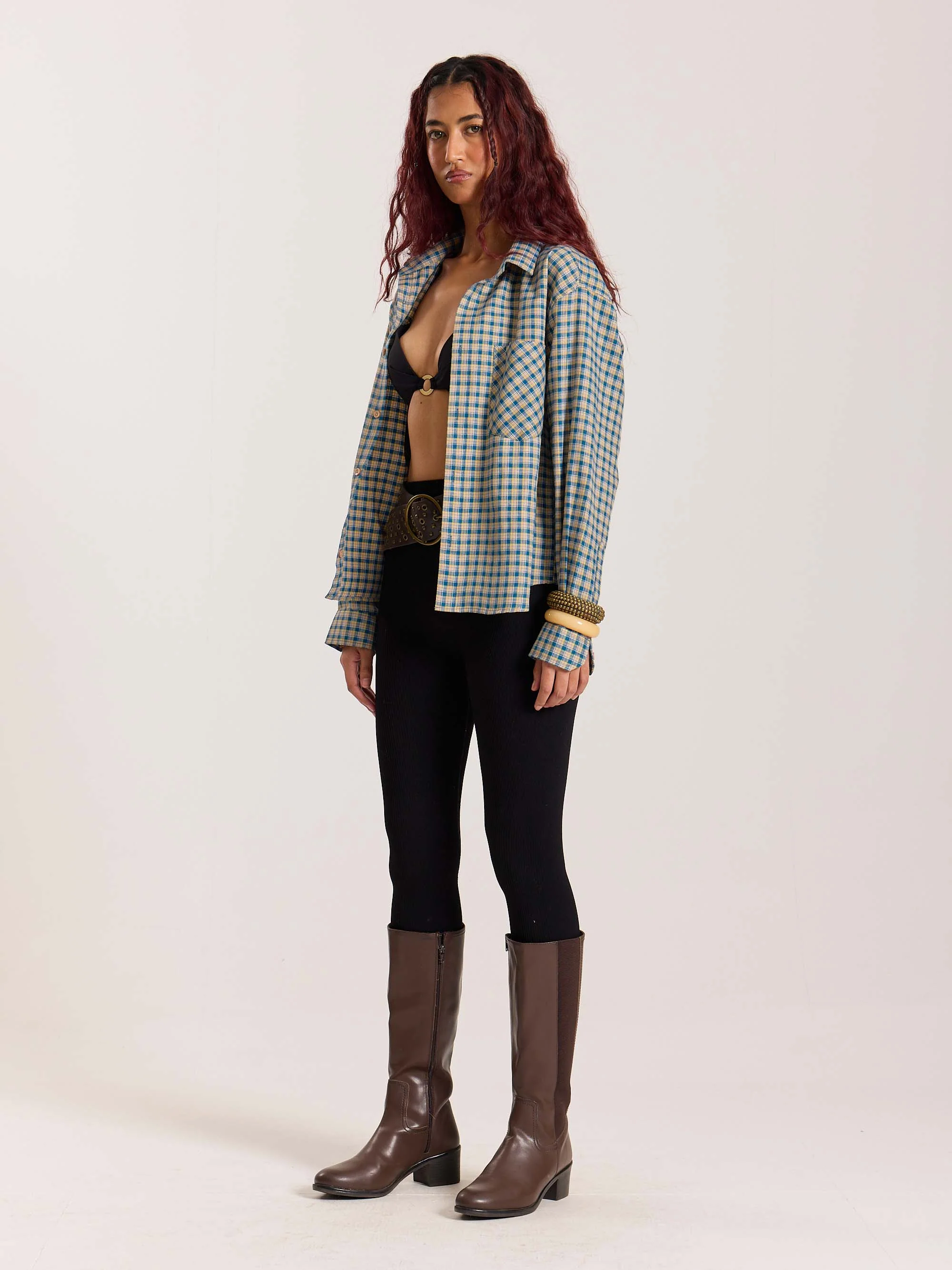 Blue & Yellow Checkered Oversized Cropped Shirt - Image 6