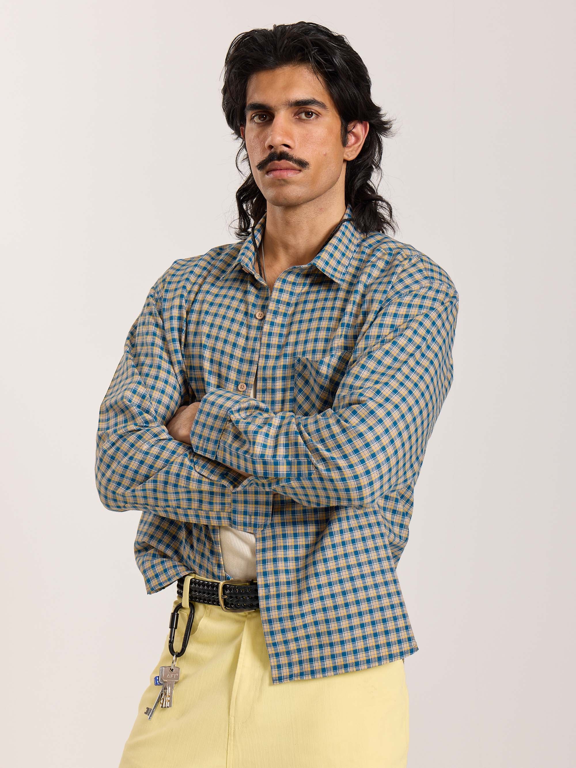 Blue & Yellow Checkered Oversized Cropped Shirt - Image 7