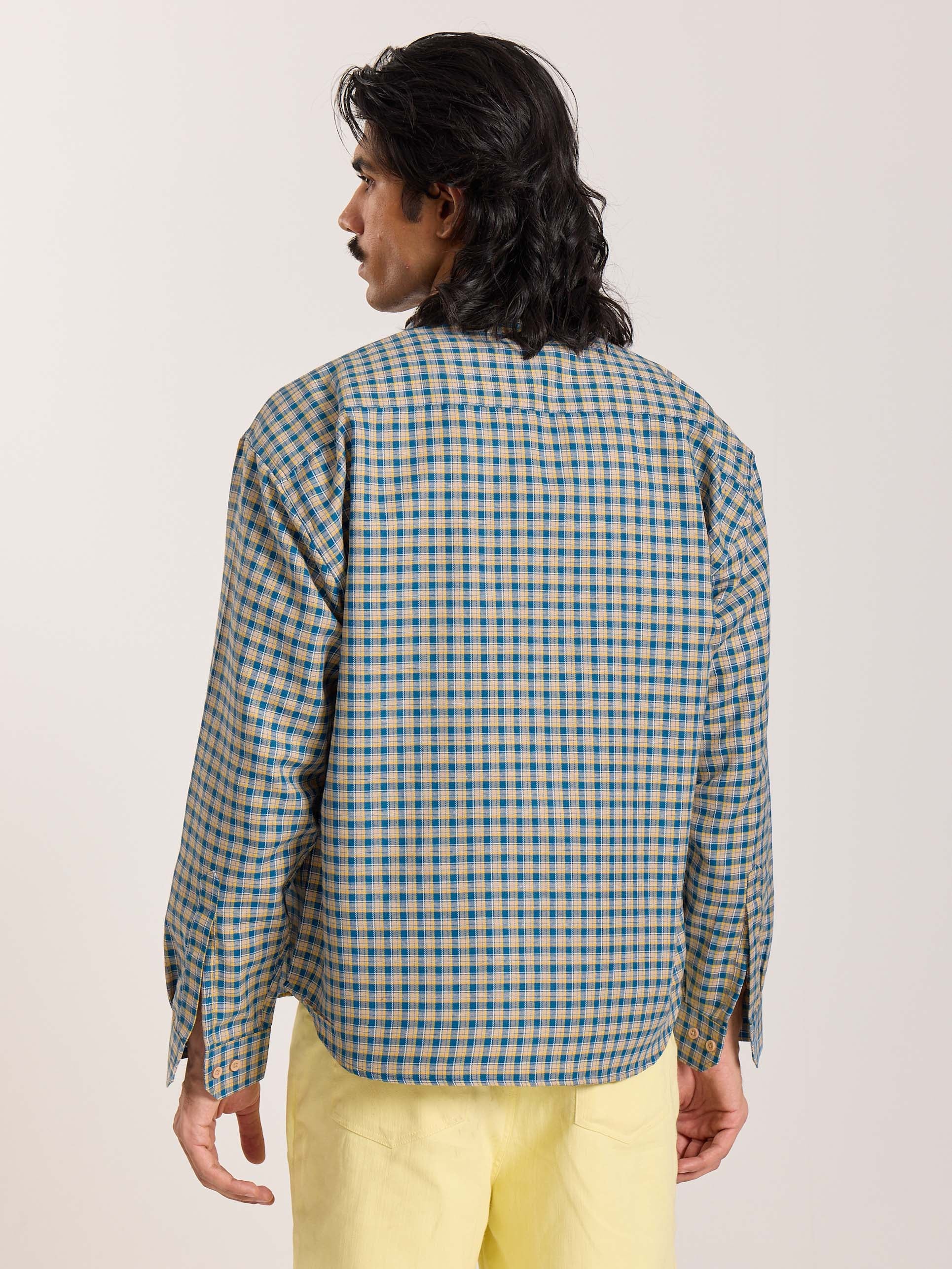 Blue & Yellow Checkered Oversized Cropped Shirt - Image 8