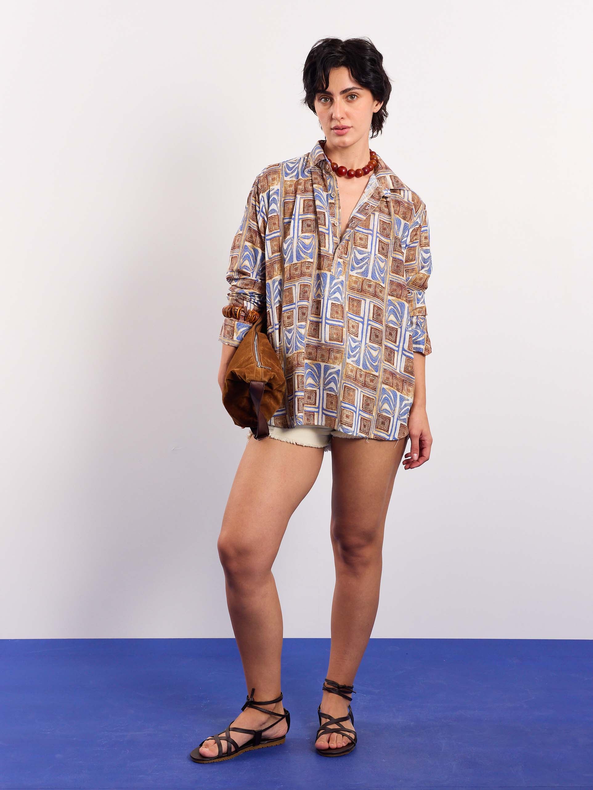 Brown & Blue Geometrical Linen Pullover - Image 2