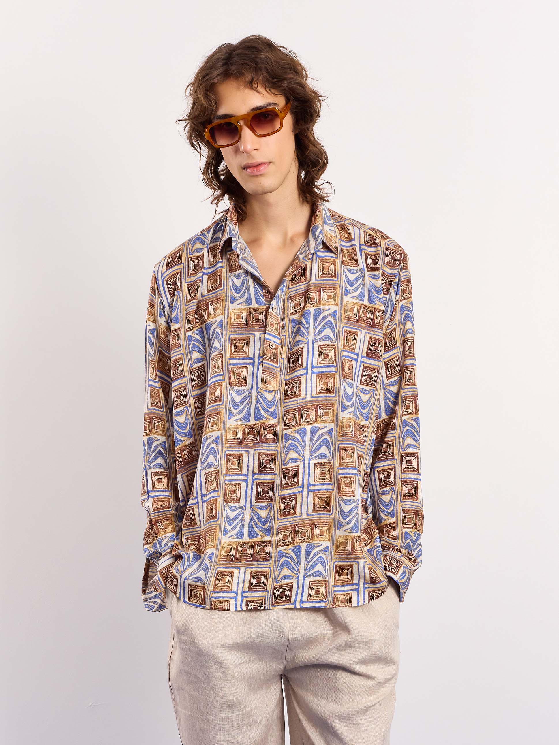 Brown & Blue Geometrical Linen Pullover - Image 3
