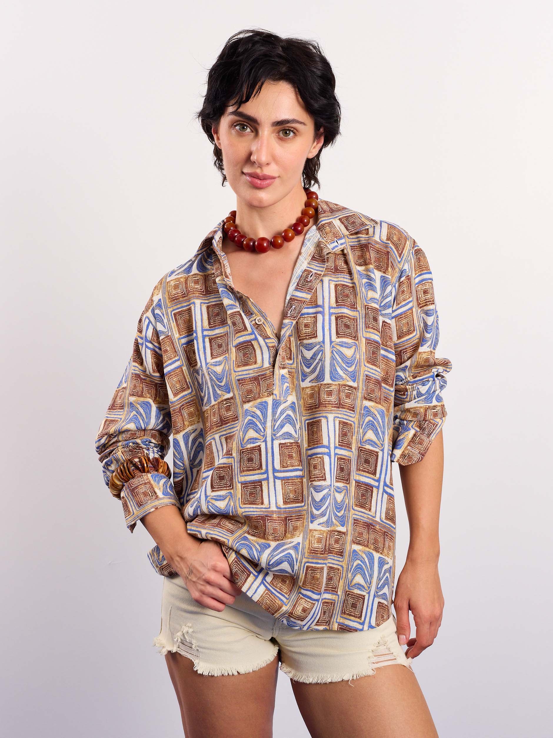 Brown & Blue Geometrical Linen Pullover - Image 4