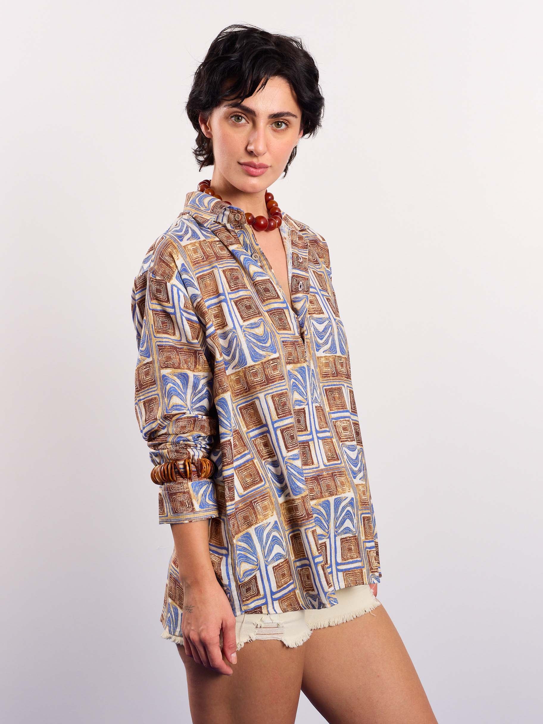 Brown & Blue Geometrical Linen Pullover - Image 5