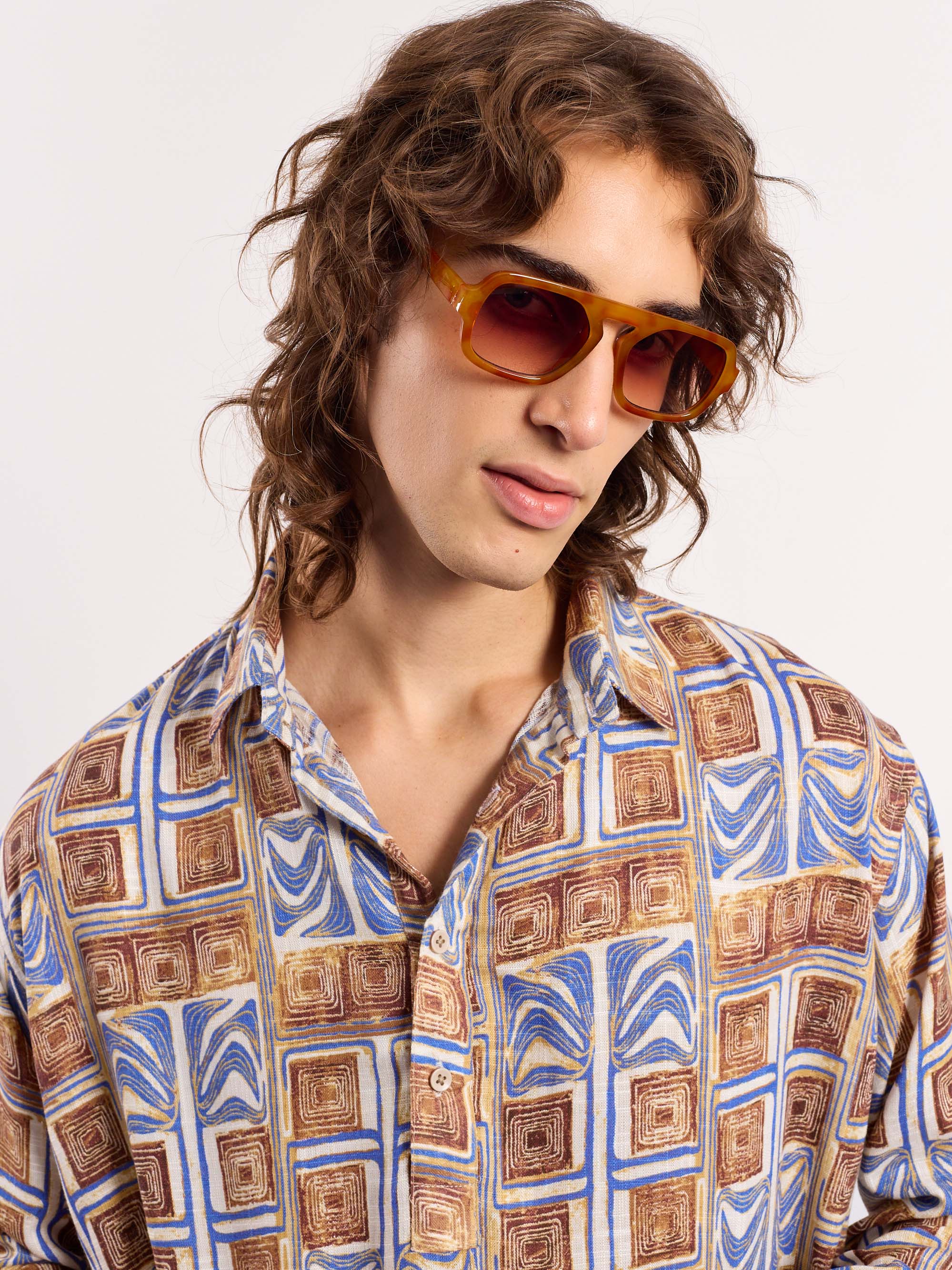 Brown & Blue Geometrical Linen Pullover - Image 6