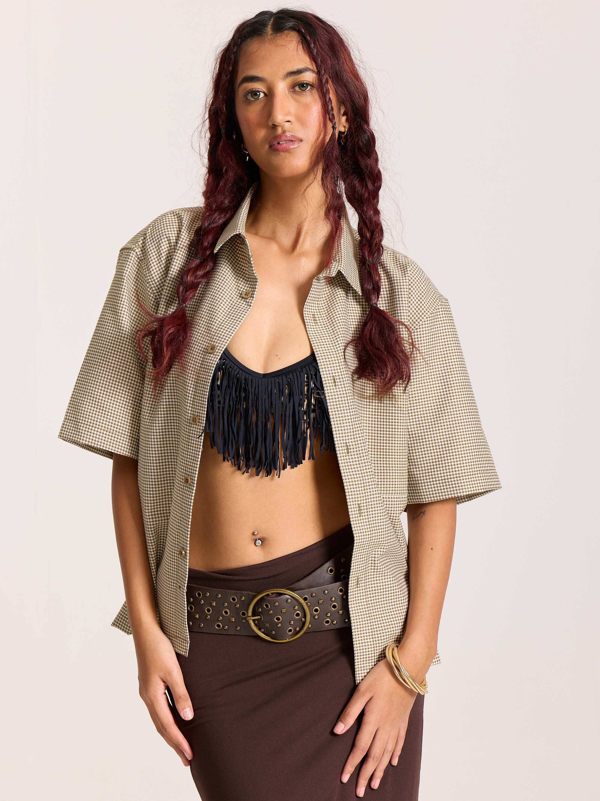 Brown Checkered Cropped Shirt - Image 4