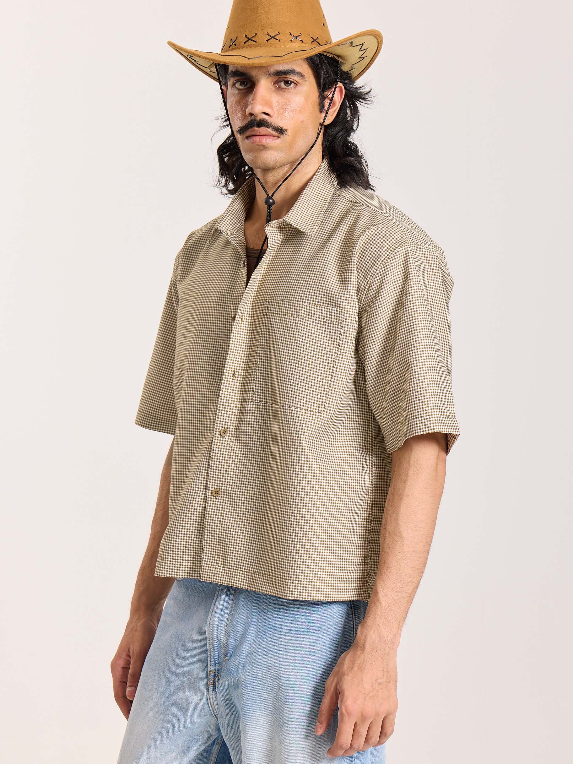 Brown Checkered Cropped Shirt - Image 6