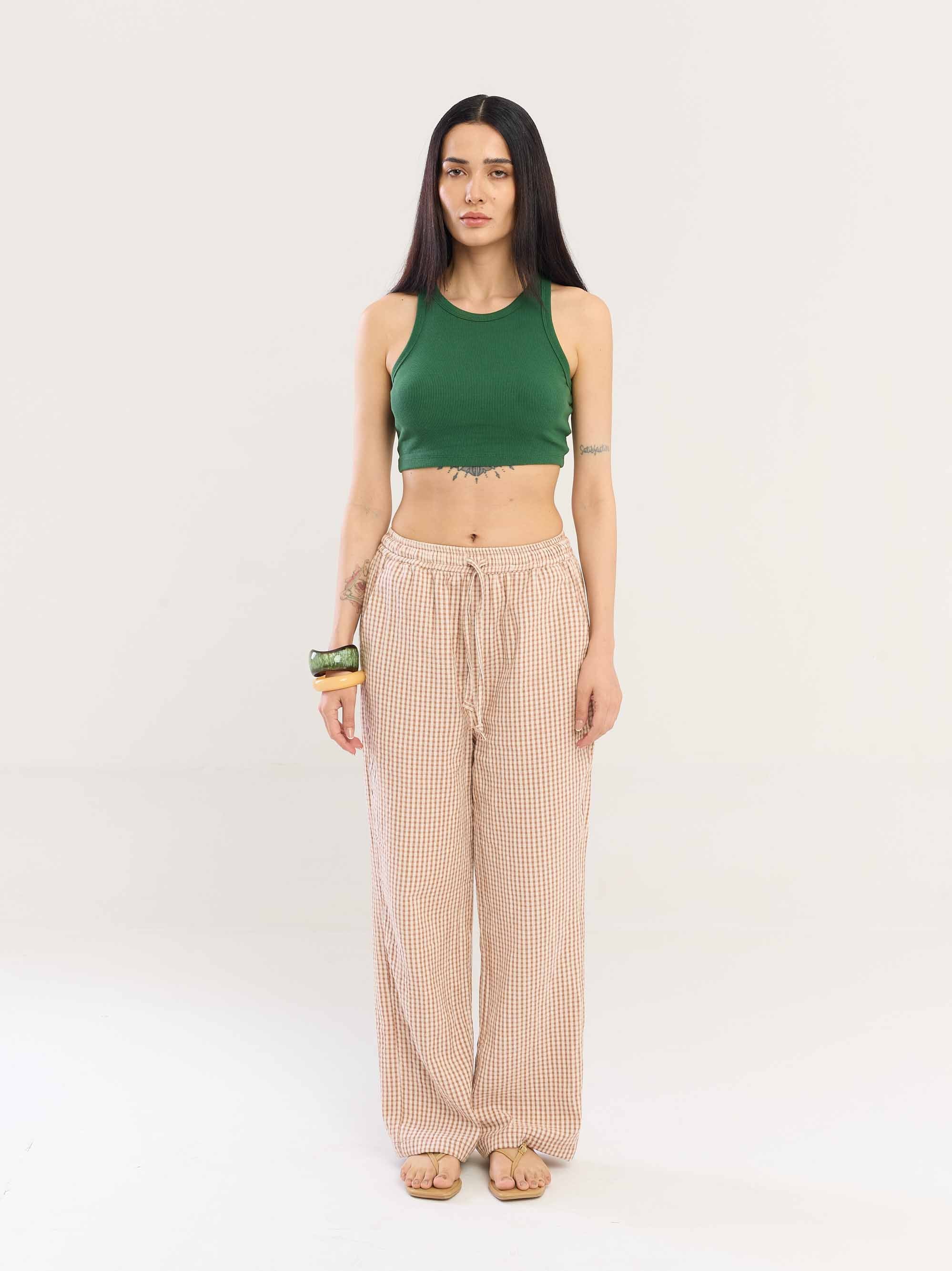 Brown Gingham Gauze Pull-on Pants - Image 3
