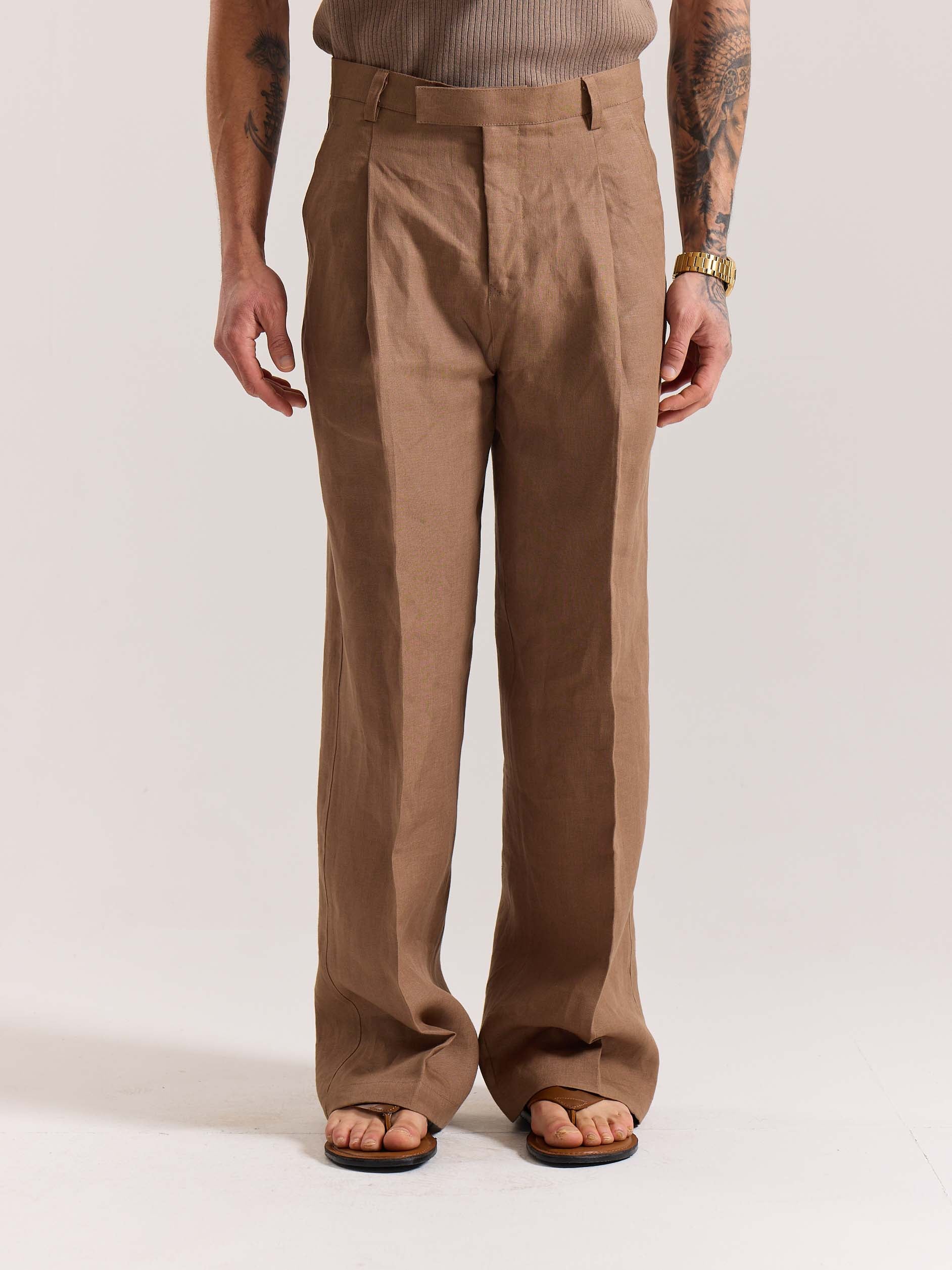 Brown Linen Baggy Fit Trousers - Image 3