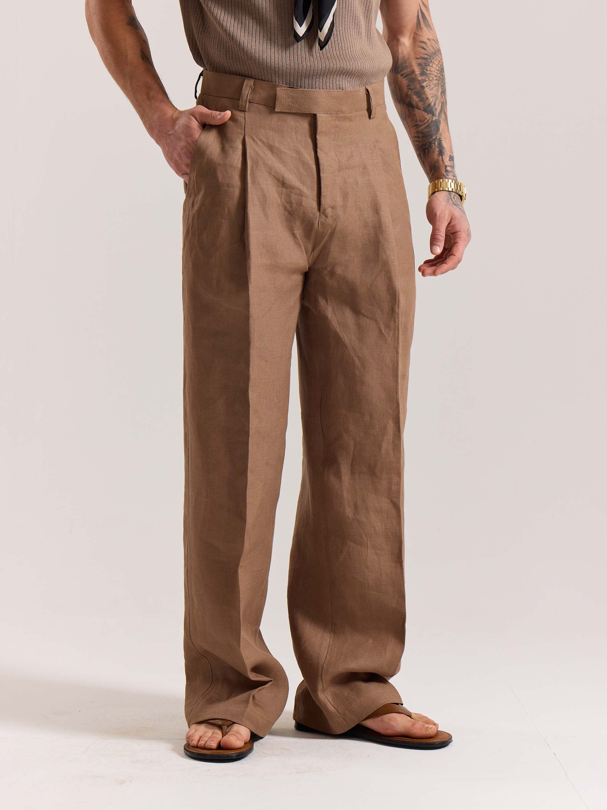 Brown Linen Baggy Fit Trousers - Image 5