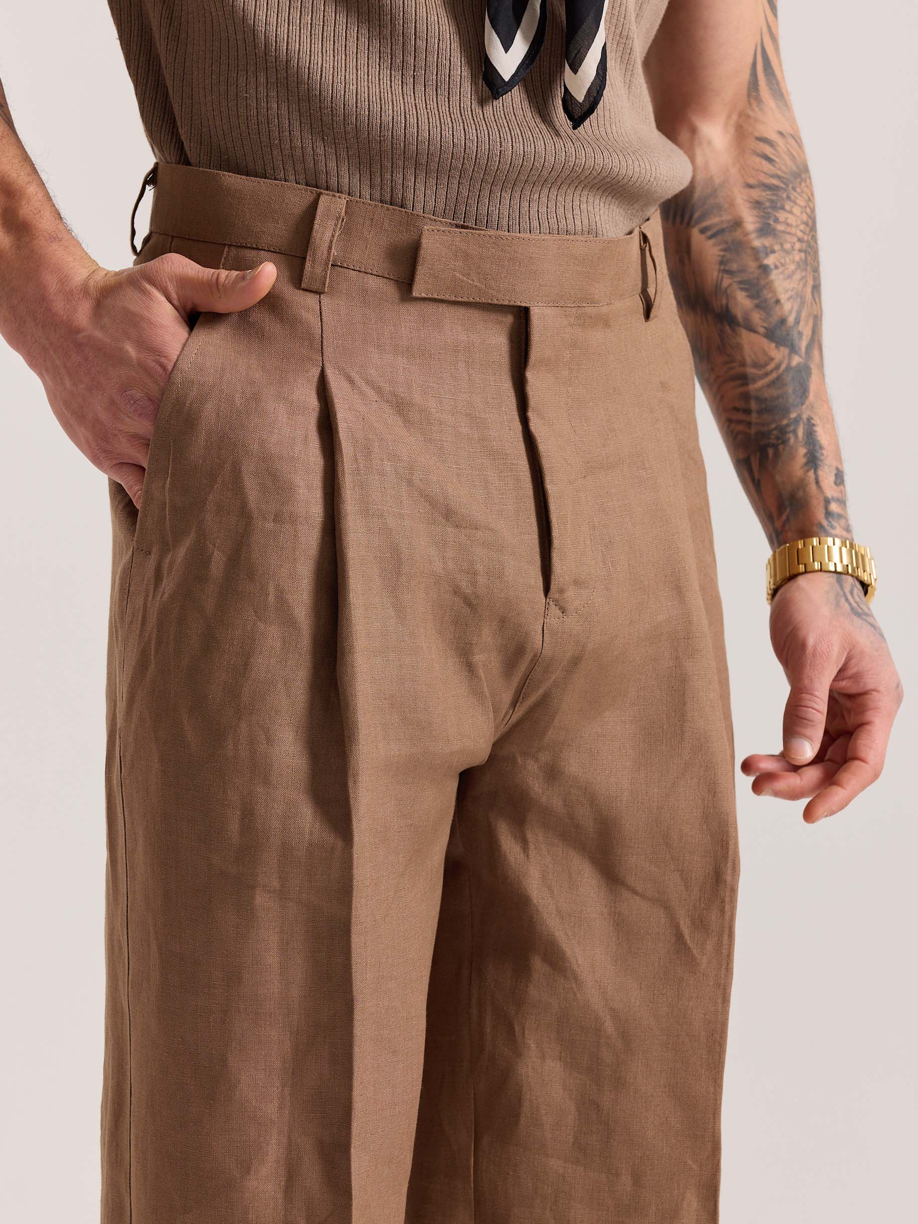Brown Linen Baggy Fit Trousers - Image 6