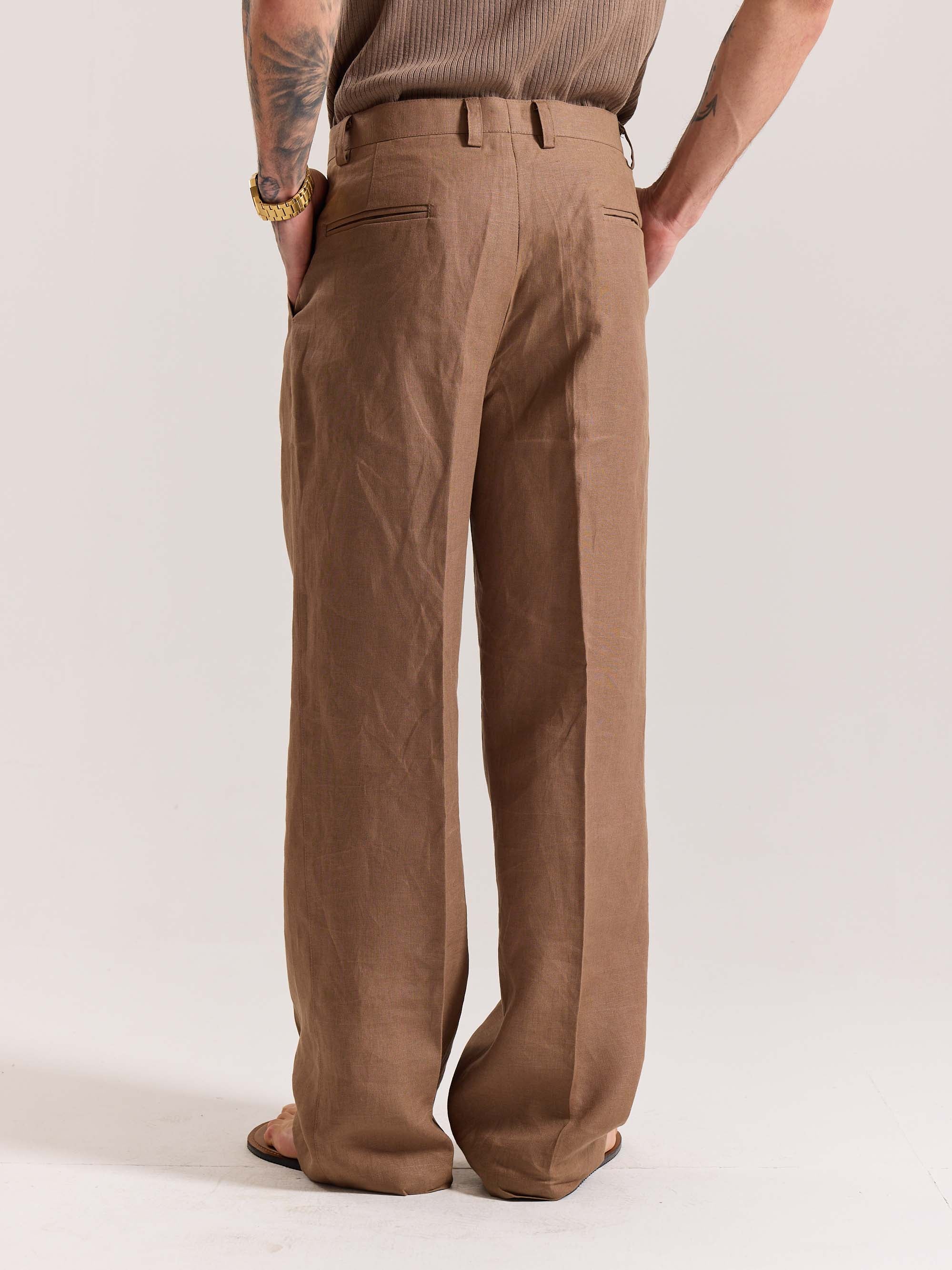 Brown Linen Baggy Fit Trousers - Image 8