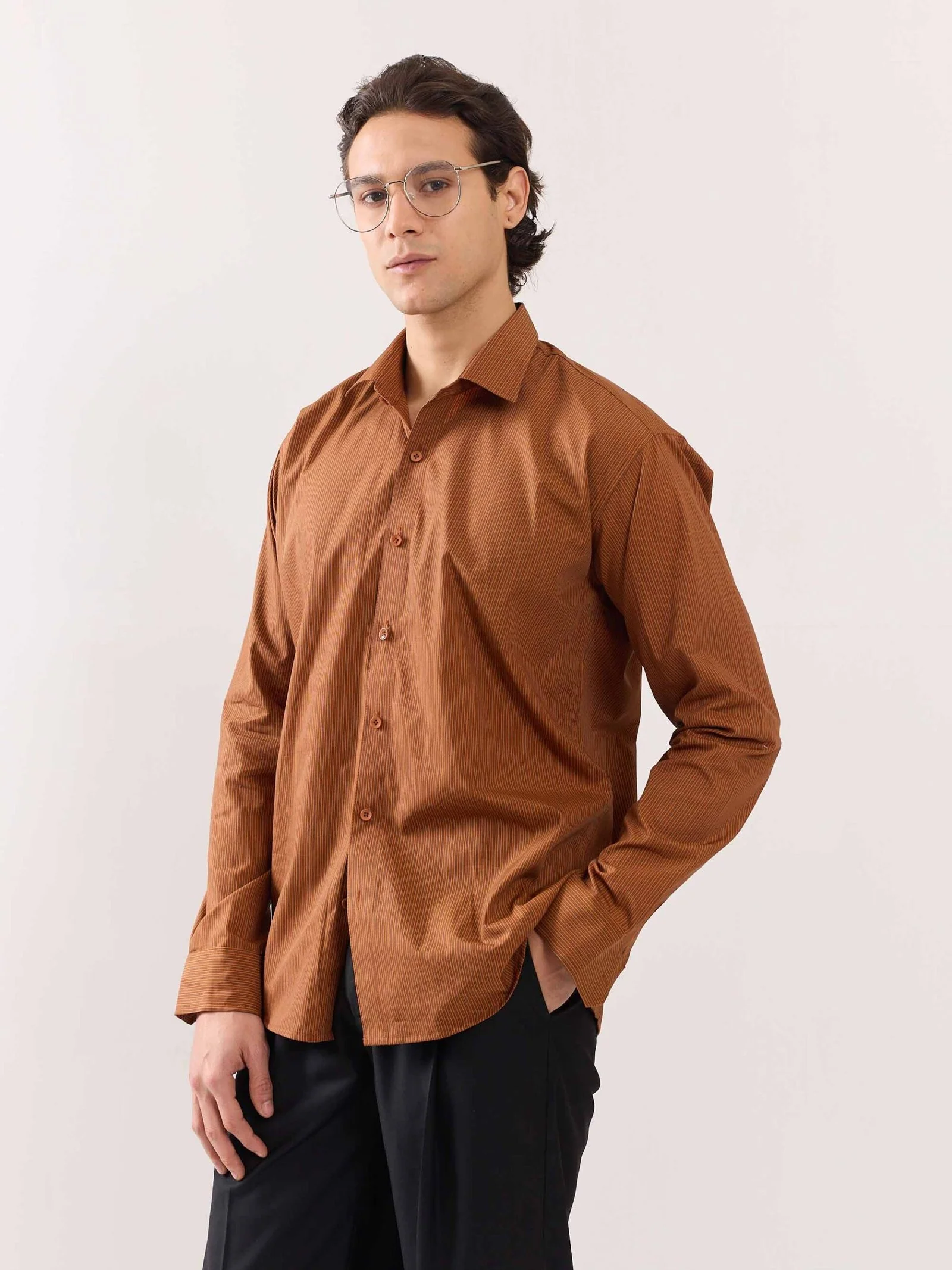 Brown Poplin Striped Shirt - Image 5