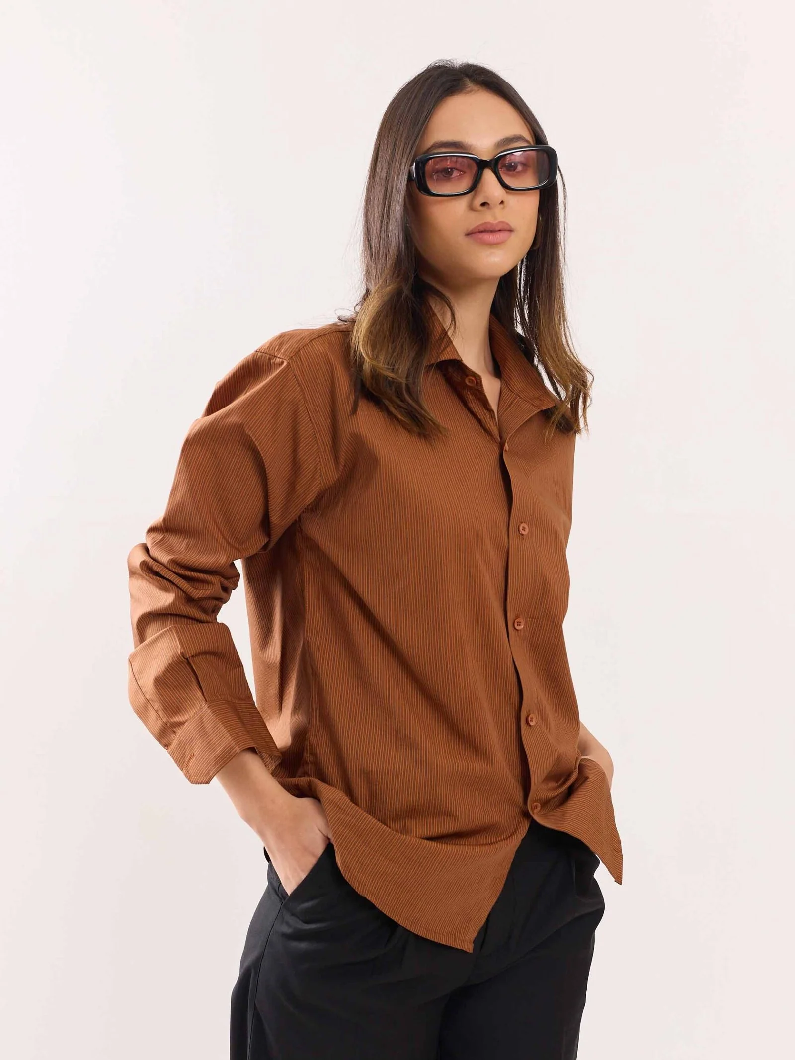 Brown Poplin Striped Shirt - Image 6