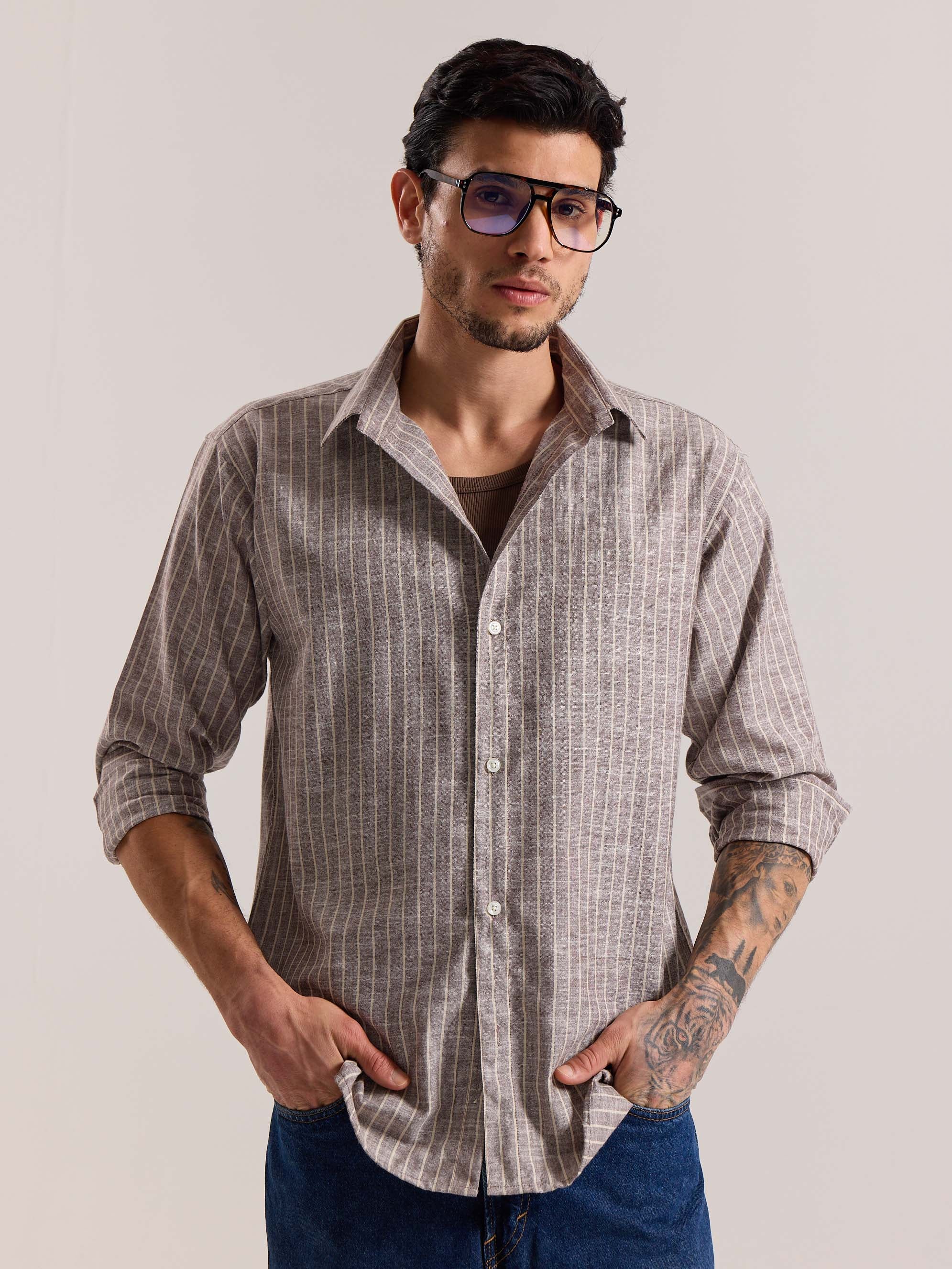 Brown Striped Linen-blend Shirt - Image 3